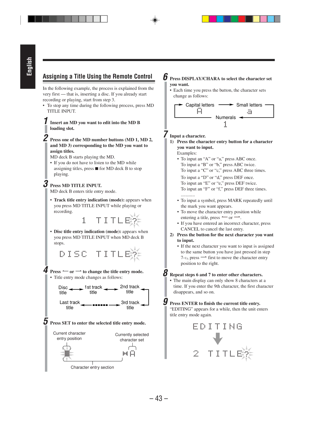 JVC MX-WMD90 manual Press MD Title Input, Track title entry indication mode appears when 