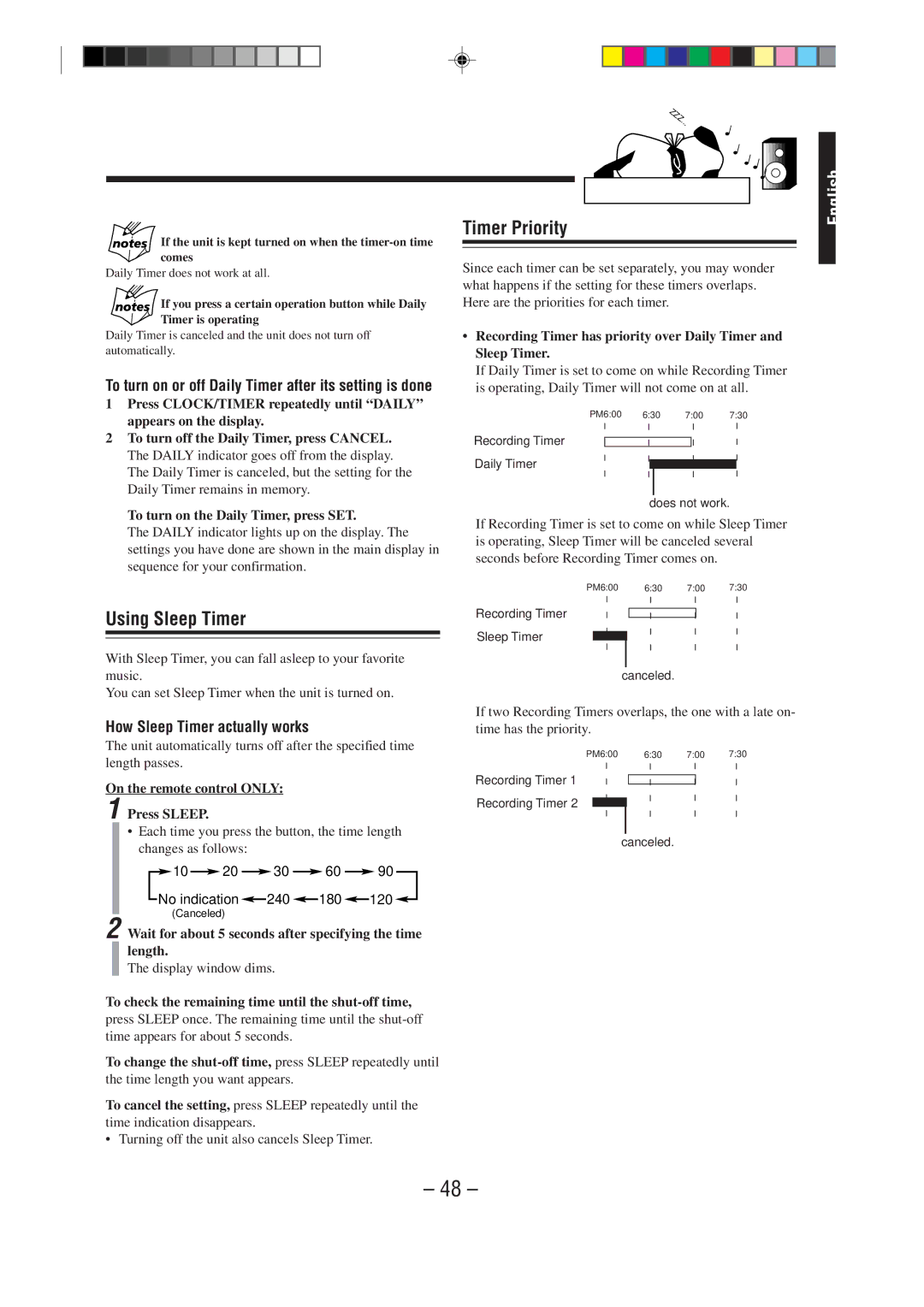 JVC MX-WMD90 manual Timer Priority, Using Sleep Timer, How Sleep Timer actually works 