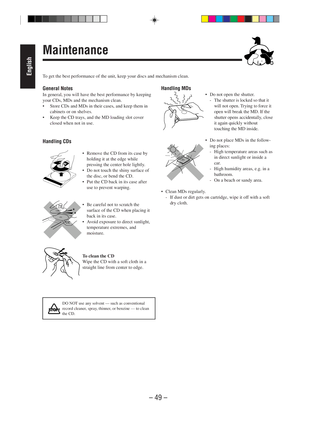 JVC MX-WMD90 manual Maintenance, General Notes, Handling CDs, Handling MDs, To clean the CD 