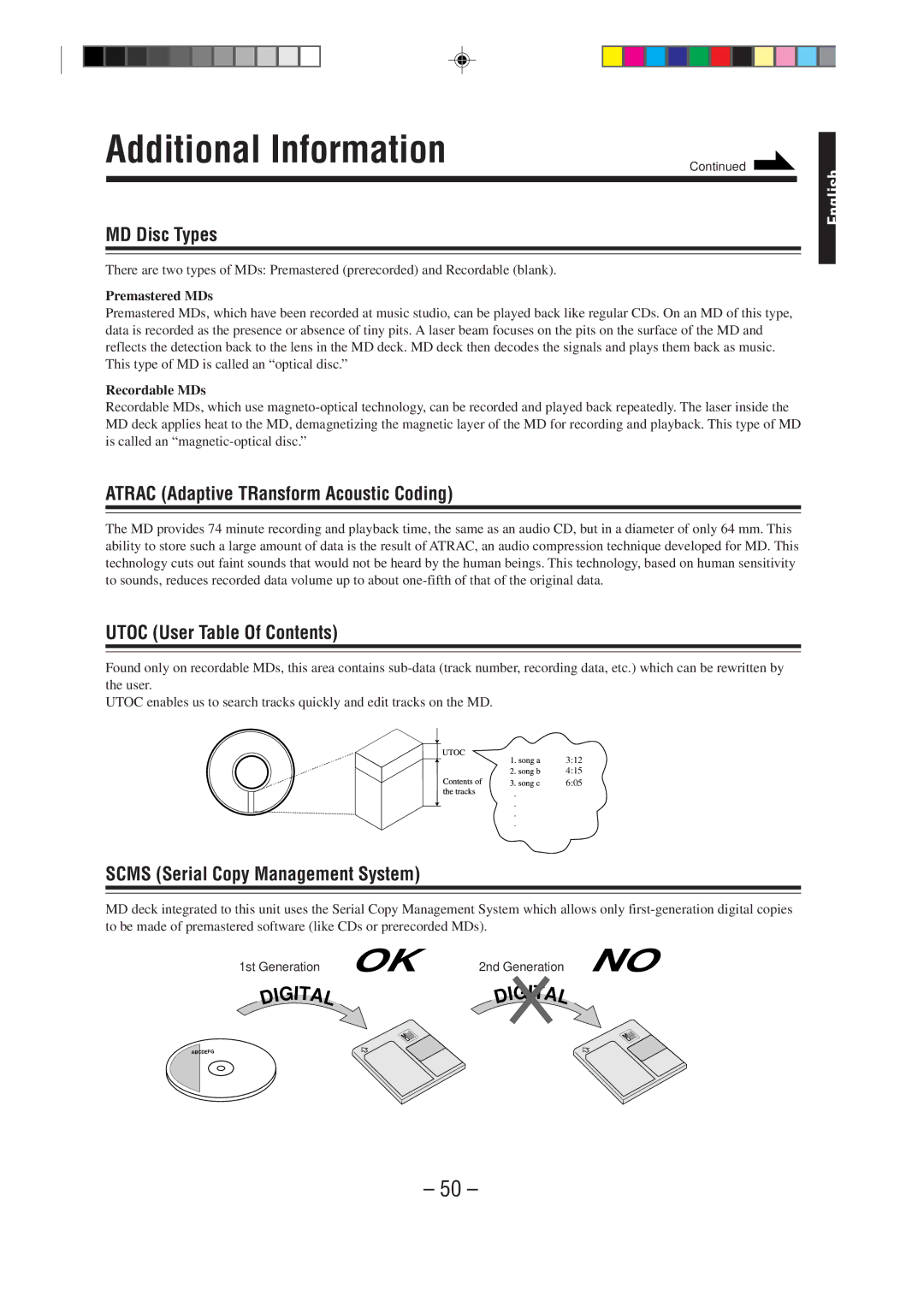 JVC MX-WMD90 Additional Information, MD Disc Types, Atrac Adaptive TRansform Acoustic Coding, Utoc User Table Of Contents 