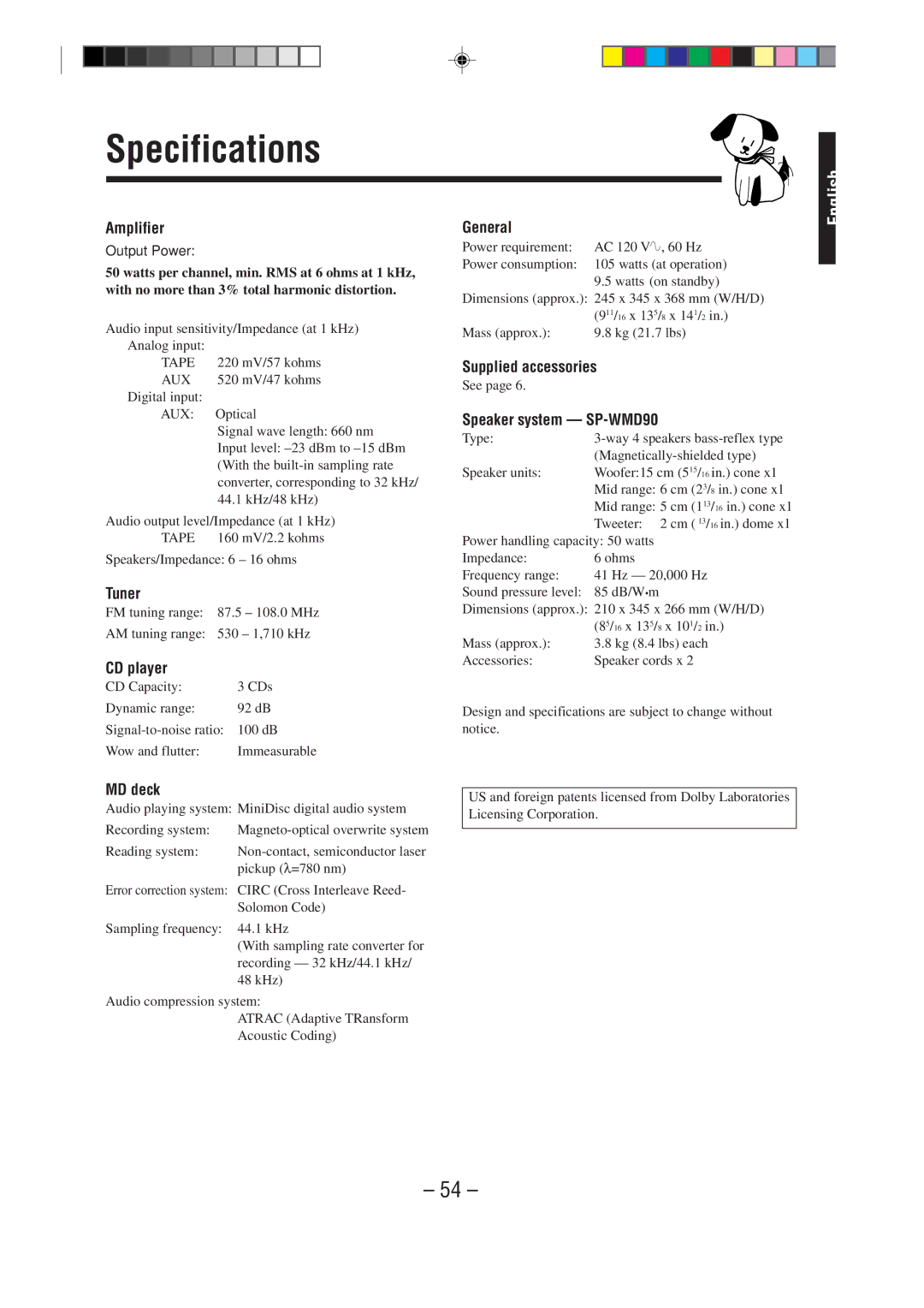 JVC MX-WMD90 manual Specifications 