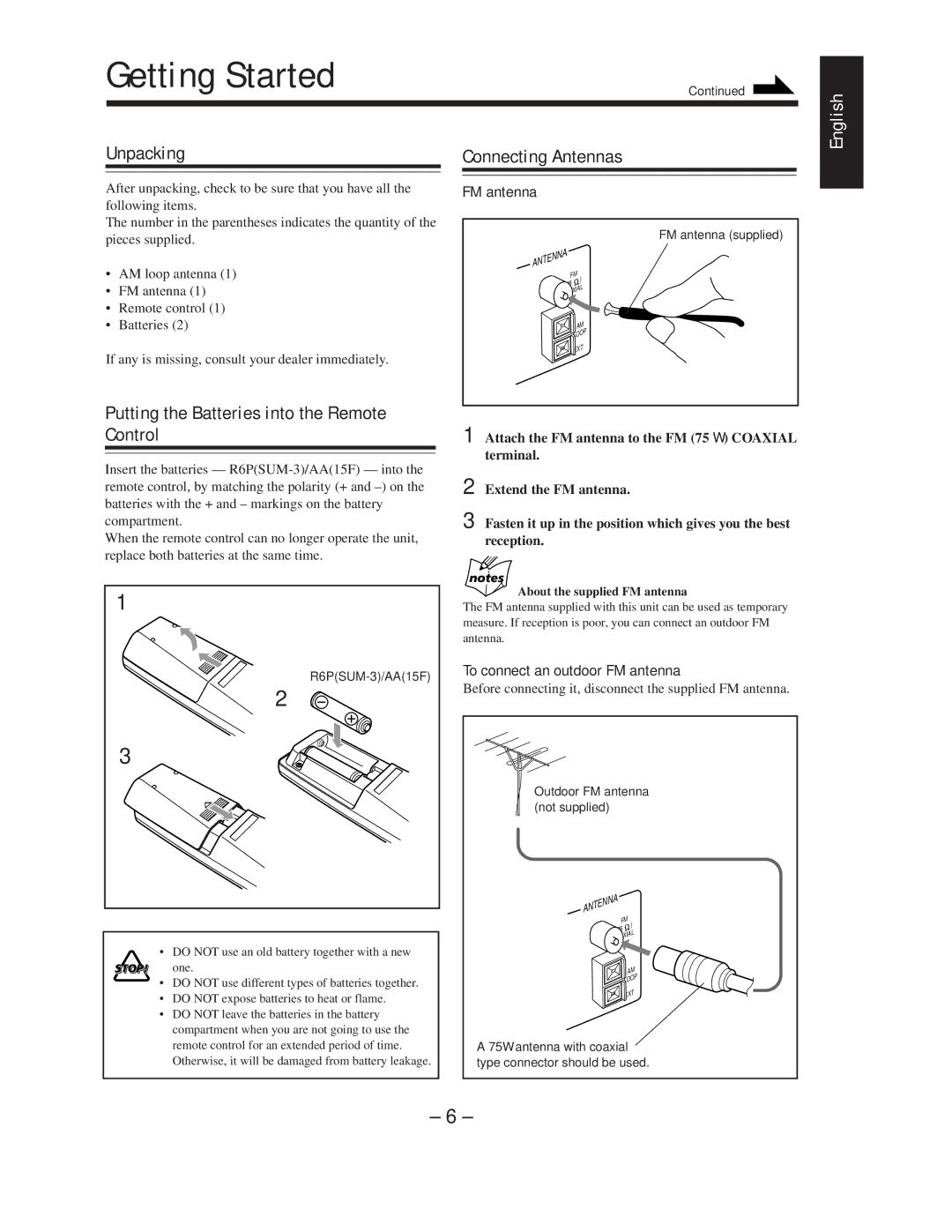 JVC MX-WMD90 manual Getting Started, Unpacking, Putting the Batteries into the Remote Control, Connecting Antennas 