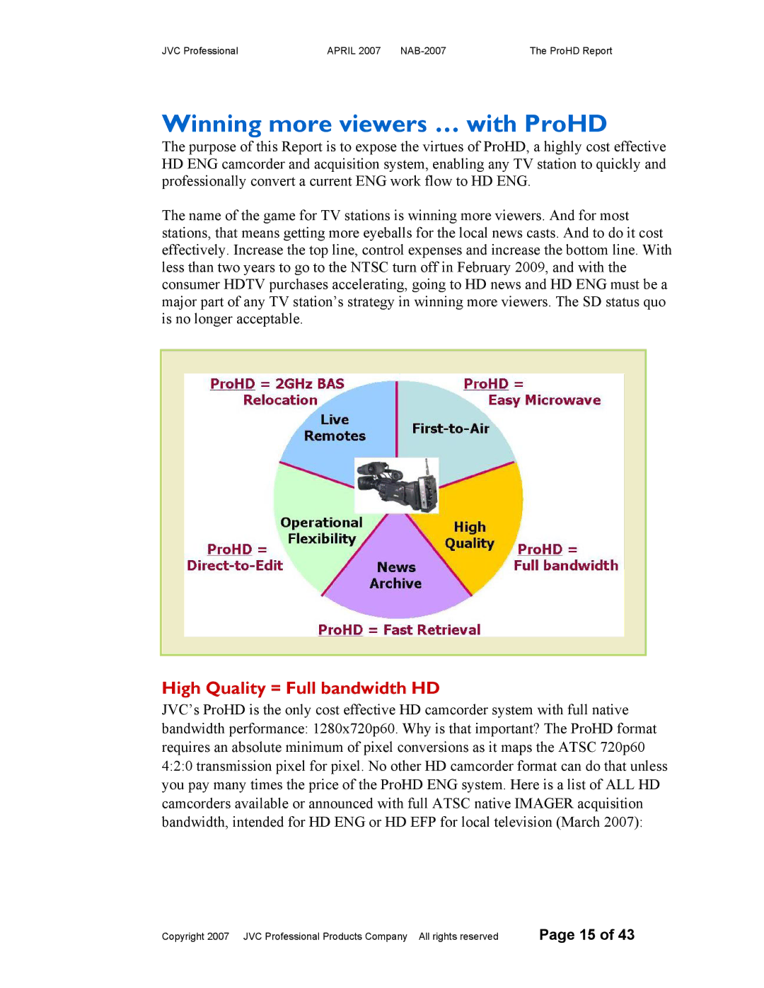 JVC NAB-2007 manual Winning more viewers … with ProHD, High Quality = Full bandwidth HD 