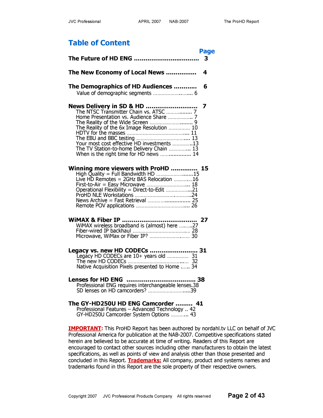 JVC NAB-2007 manual Table of Content 