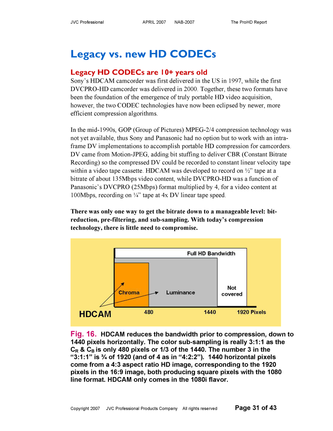 JVC NAB-2007 manual Legacy vs. new HD CODECs, Legacy HD CODECs are 10+ years old 