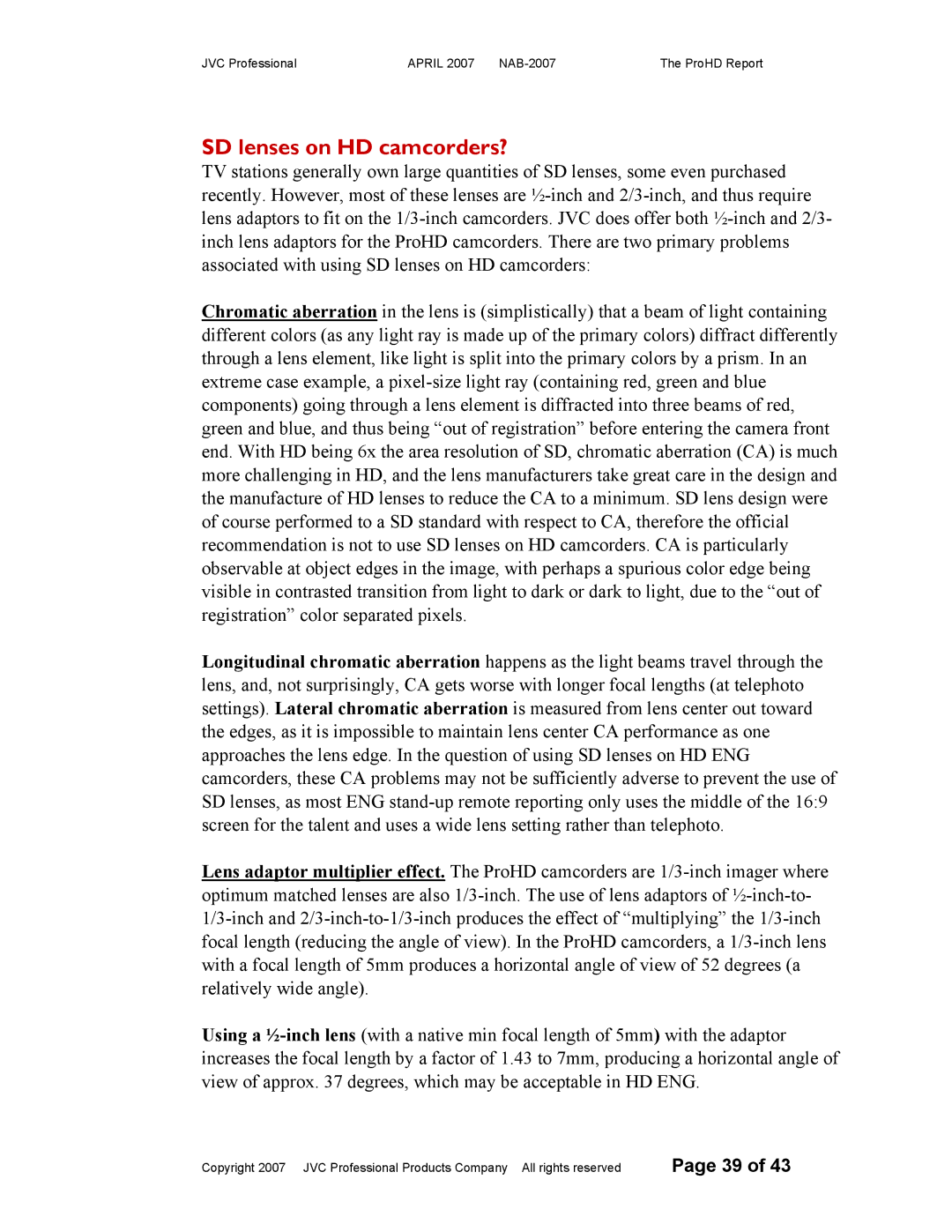 JVC NAB-2007 manual SD lenses on HD camcorders? 