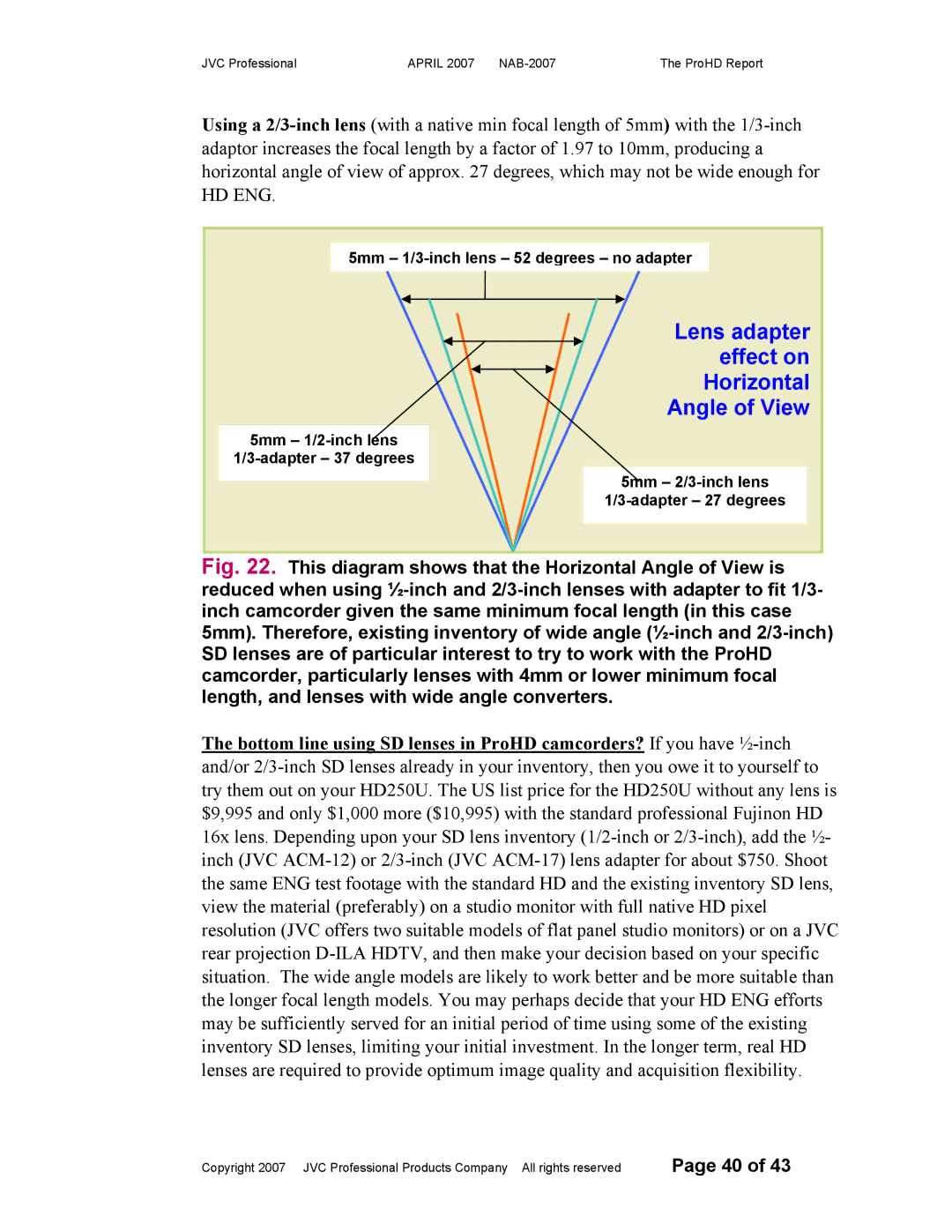 JVC NAB-2007 manual Lens adapter effect on Horizontal Angle of View 