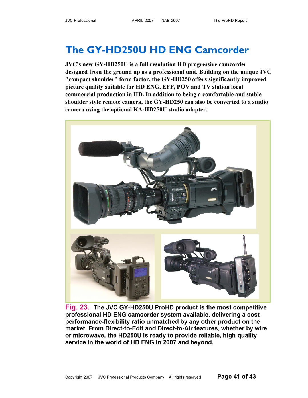 JVC NAB-2007 manual GY-HD250U HD ENG Camcorder 