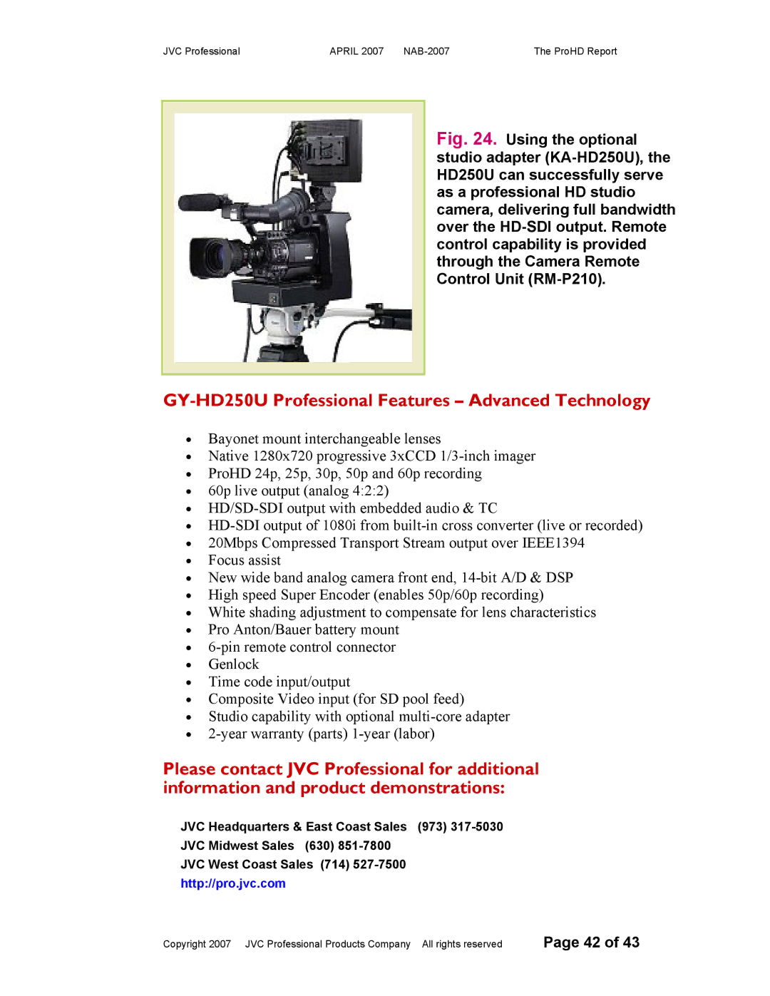 JVC NAB-2007 manual GY-HD250U Professional Features Advanced Technology, Http//pro.jvc.com 