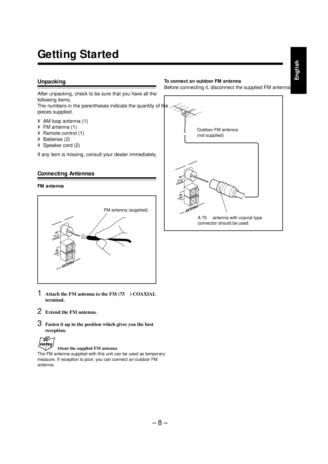 JVC NX-CDR7 manual Getting Started, Unpacking, Connecting Antennas, To connect an outdoor FM antenna 