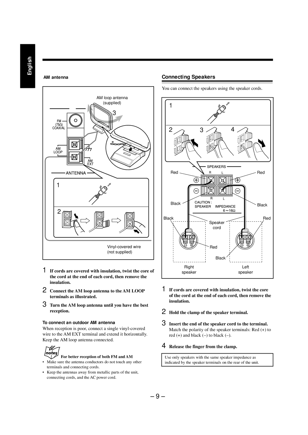 JVC NX-CDR7 manual Connecting Speakers, To connect an outdoor AM antenna, Release the finger from the clamp 