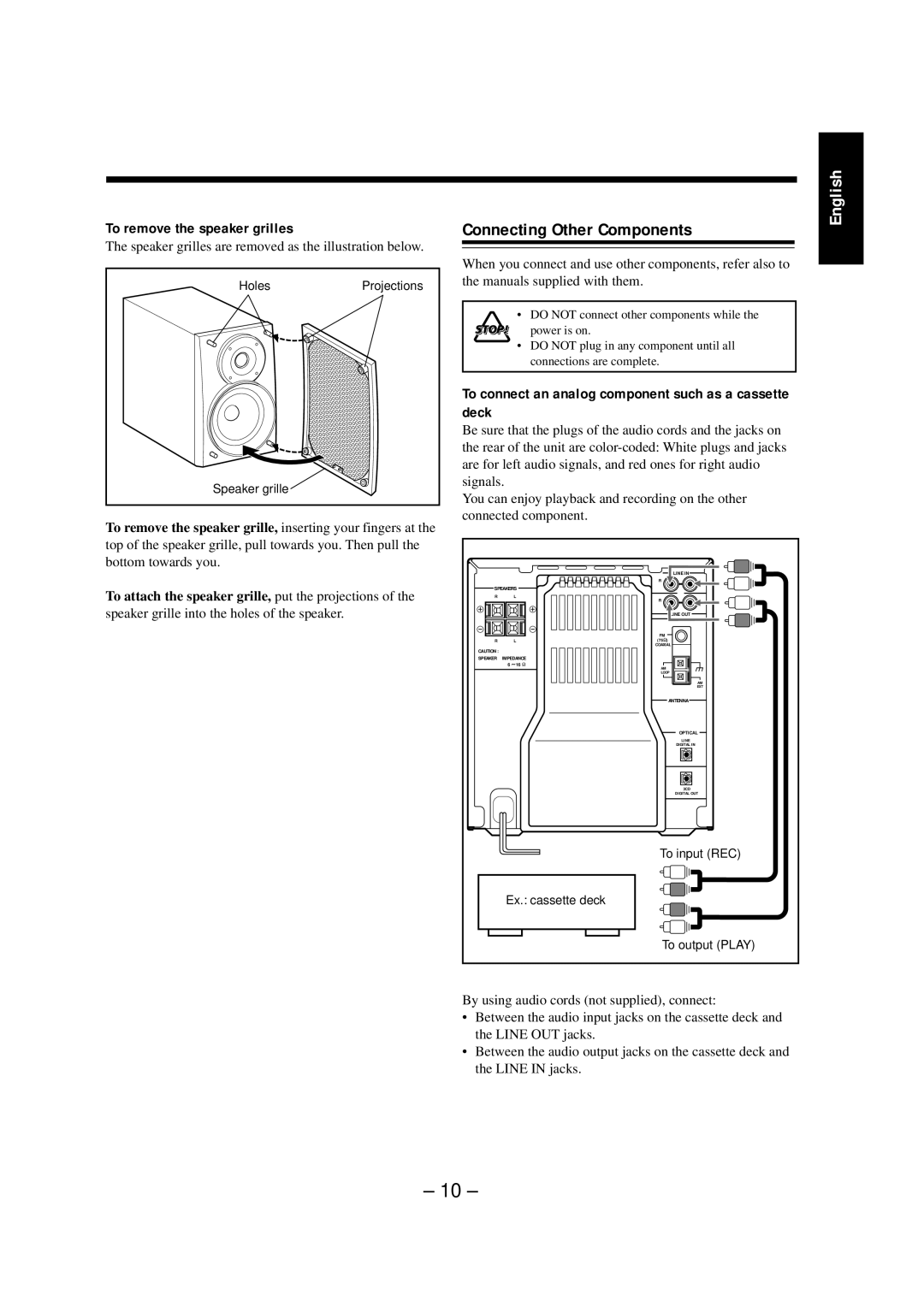 JVC NX-CDR7 Connecting Other Components, To remove the speaker grilles, To attach the speaker grille, put the projections 