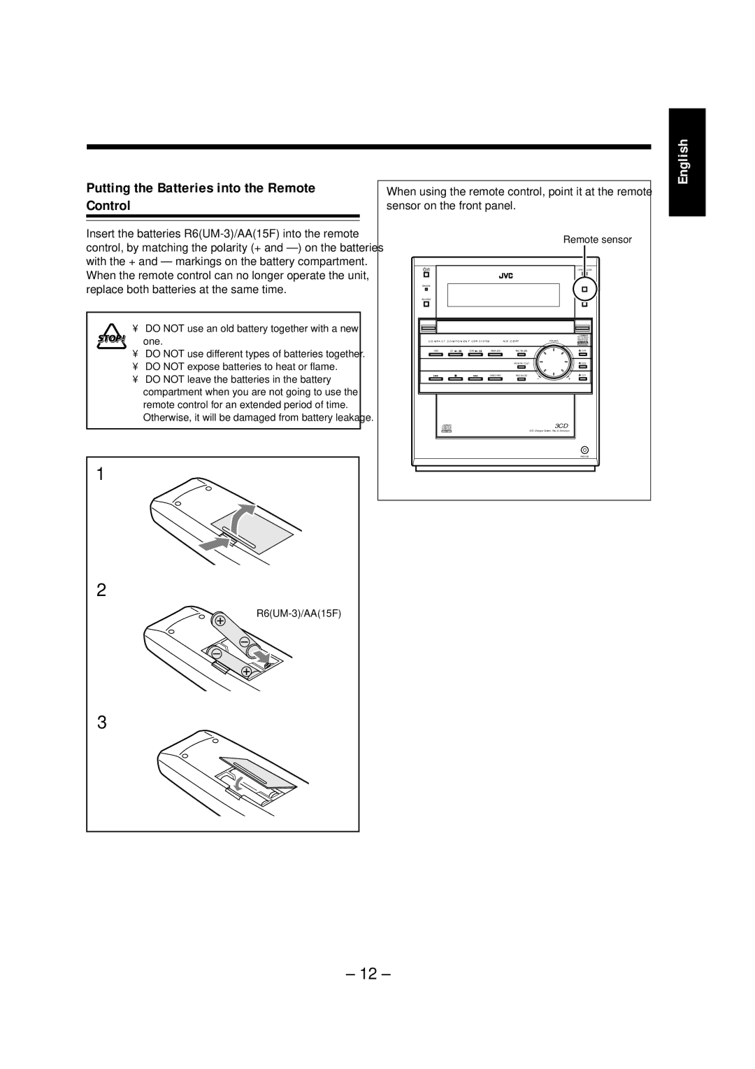 JVC NX-CDR7 manual Putting the Batteries into the Remote Control, Remote sensor 