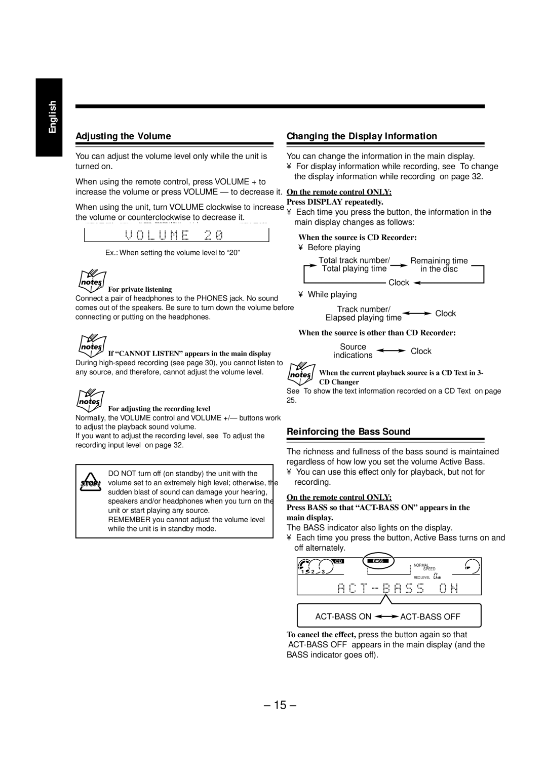 JVC NX-CDR7 manual Adjusting the Volume, Changing the Display Information, Reinforcing the Bass Sound 