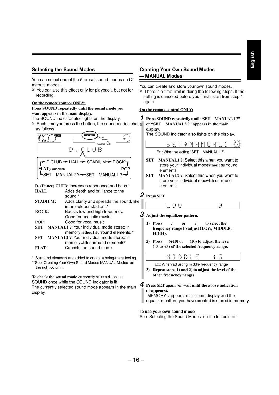 JVC NX-CDR7 manual Selecting the Sound Modes, Creating Your Own Sound Modes -MANUAL Modes, To use your own sound mode 