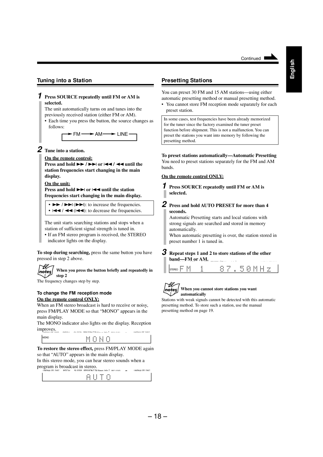 JVC NX-CDR7 manual Tuning into a Station, Presetting Stations, To change the FM reception mode 