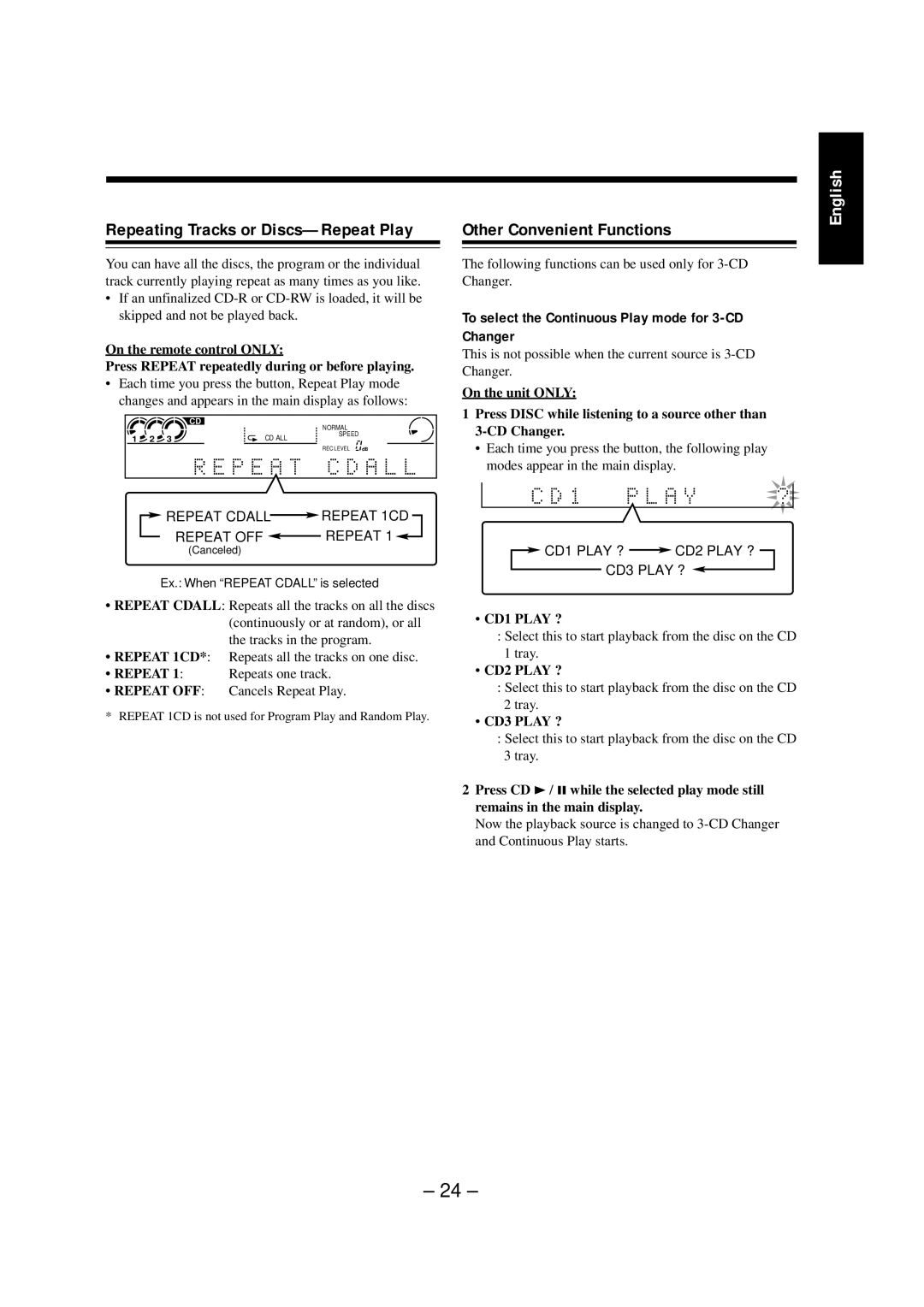 JVC NX-CDR7 manual Other Convenient Functions, To select the Continuous Play mode for 3-CD Changer, CD1 Play ?, CD2 Play ? 