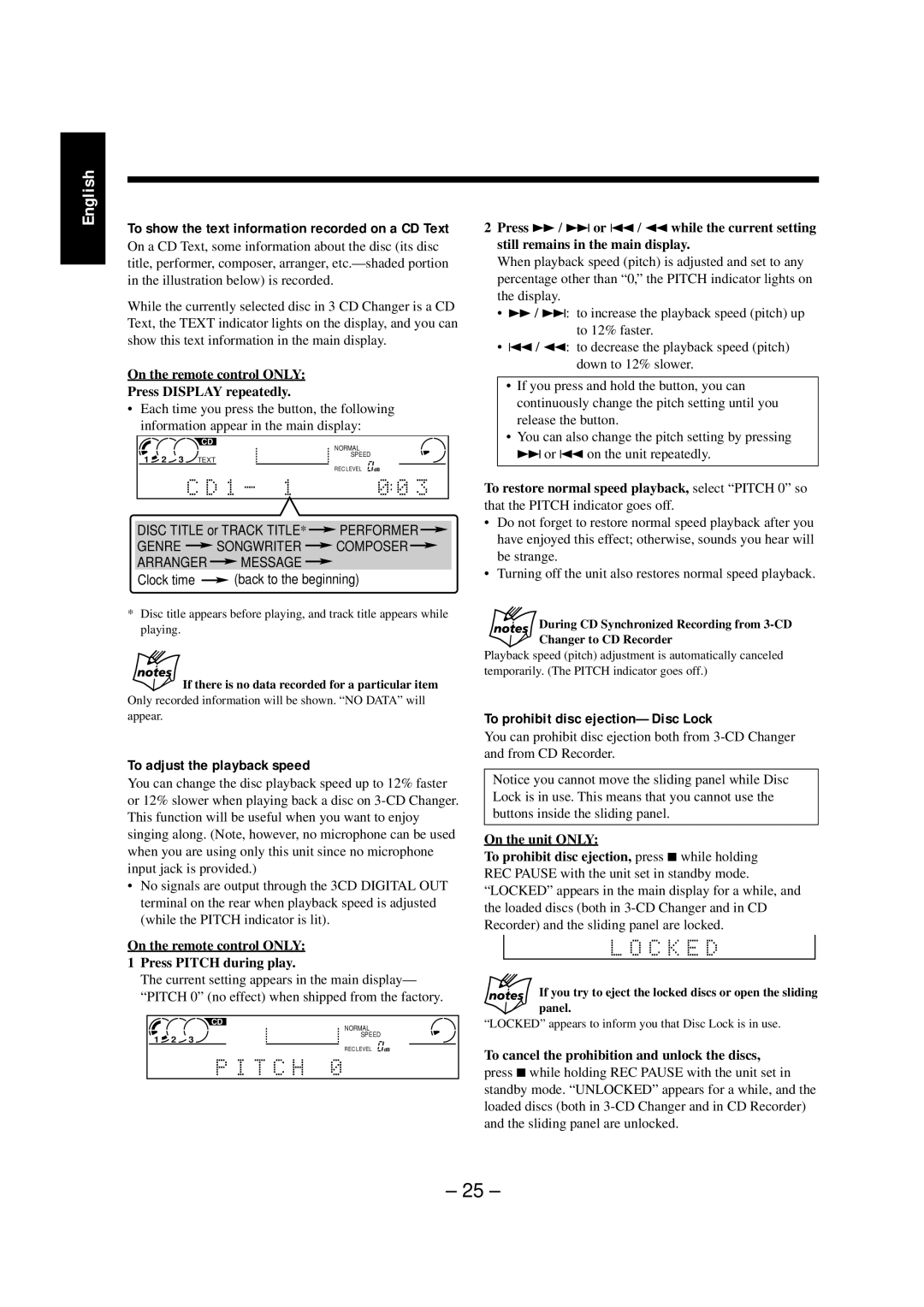 JVC NX-CDR7 manual To adjust the playback speed, To prohibit disc ejection-Disc Lock 