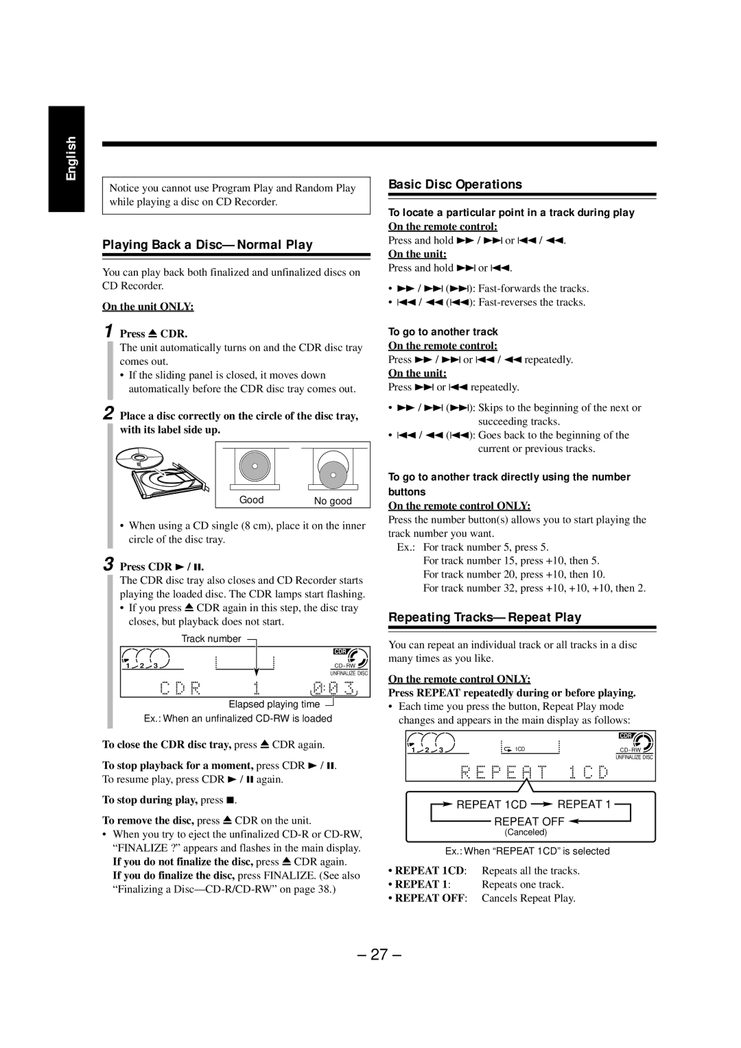 JVC NX-CDR7 manual Playing Back a Disc-Normal Play, Repeating Tracks-Repeat Play, On the unit only Press 0 CDR, Press CDR 3 