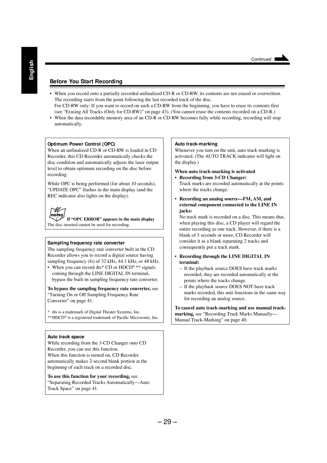 JVC NX-CDR7 Before You Start Recording, Optimum Power Control OPC, Sampling frequency rate converter, Auto track-marking 