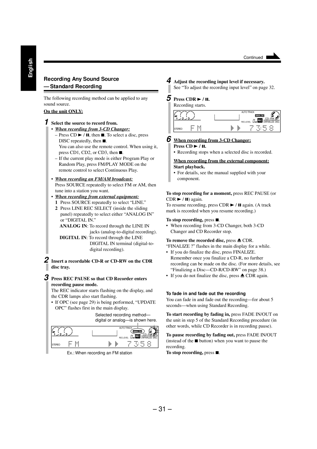 JVC NX-CDR7 manual Recording Any Sound Source Standard Recording, To fade in and fade out the recording 