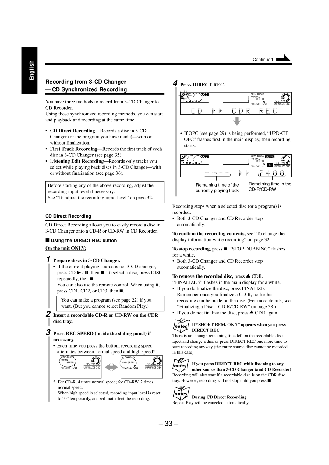 JVC NX-CDR7 manual Recording from 3-CD Changer -CD Synchronized Recording, CD Direct Recording, Using the Direct REC button 