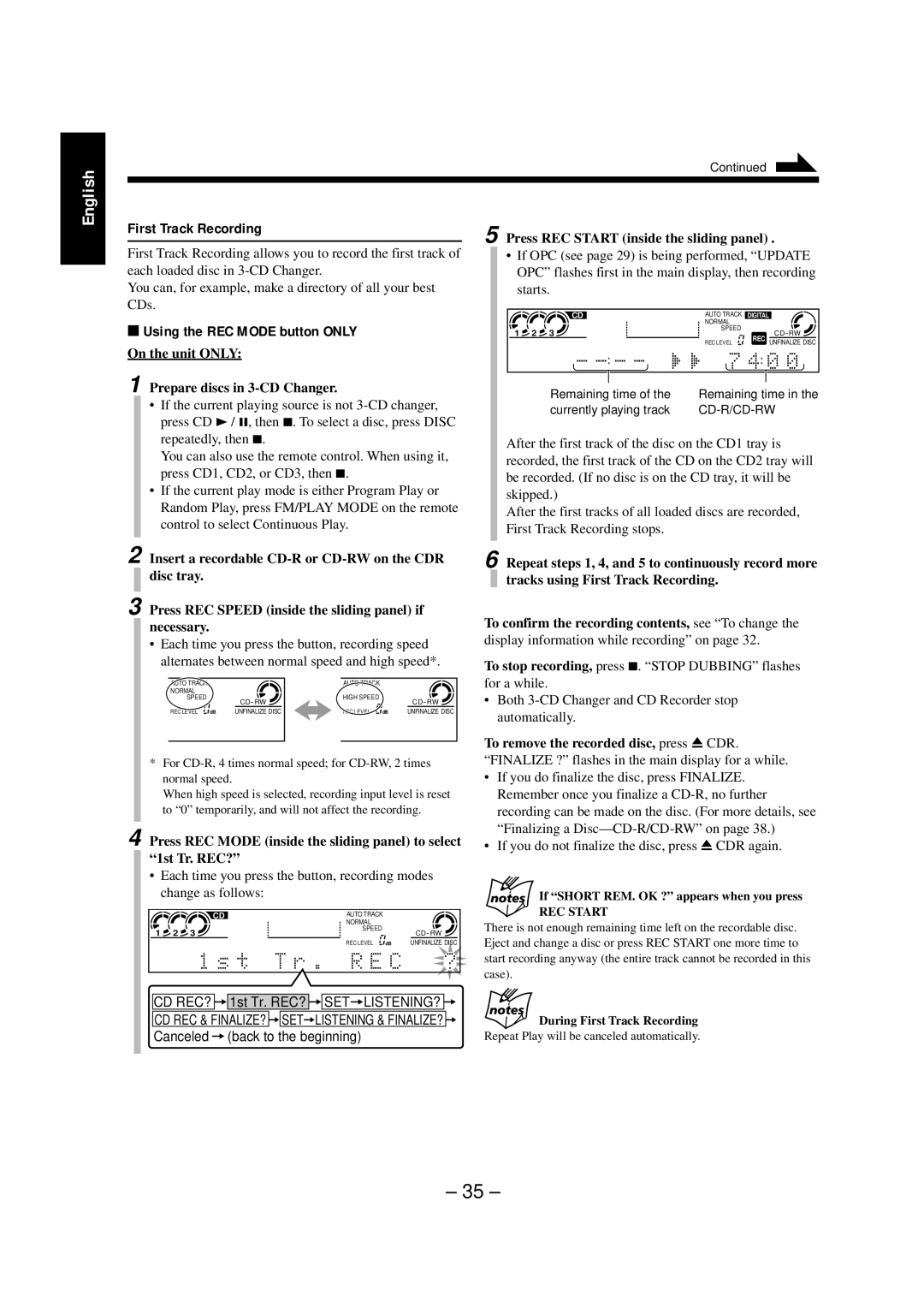 JVC NX-CDR7 manual First Track Recording, Using the REC Mode button only 