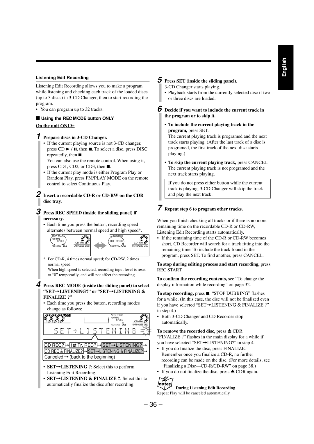 JVC NX-CDR7 manual Repeat to program other tracks, During Listening Edit Recording 