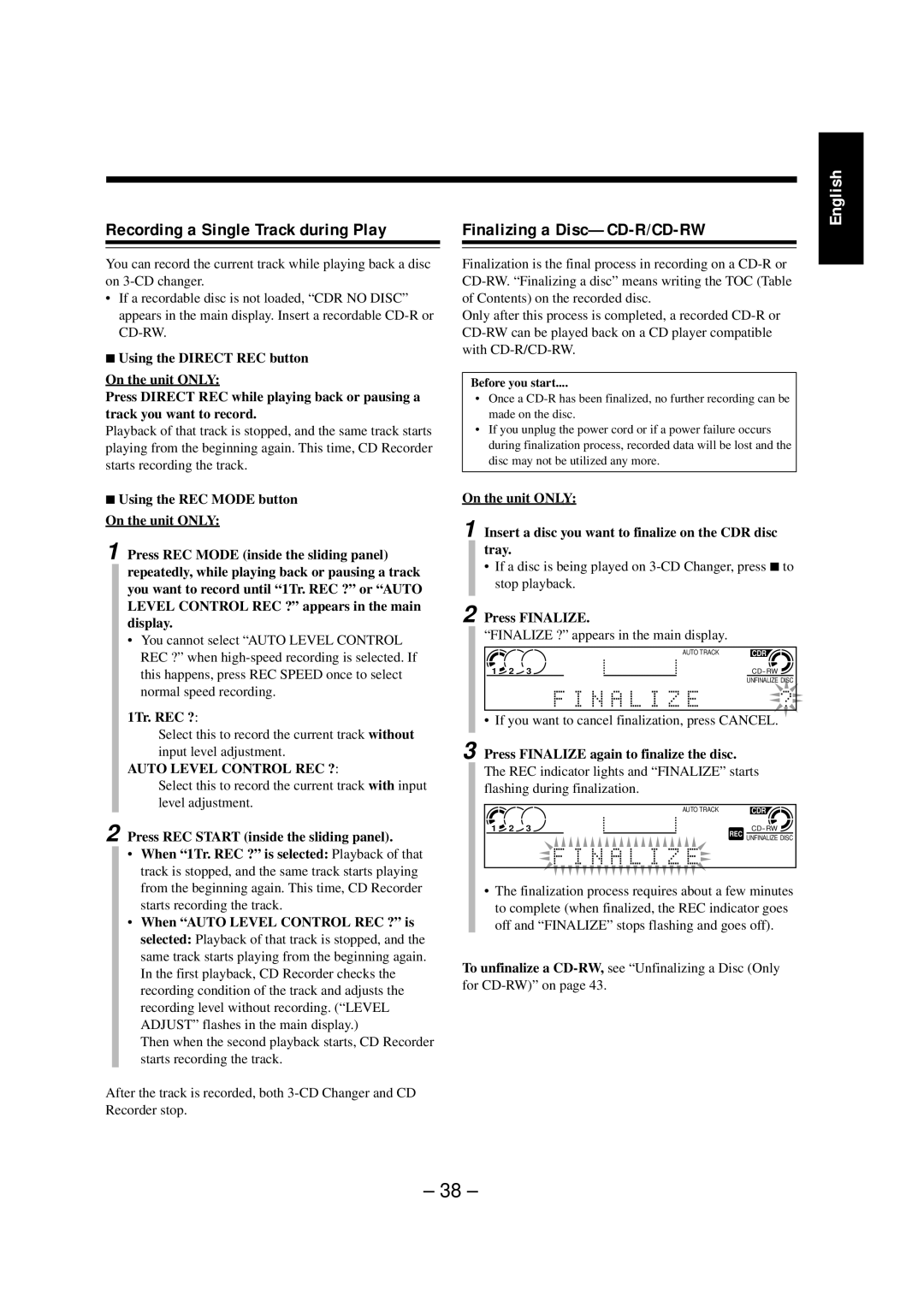 JVC NX-CDR7 manual Recording a Single Track during Play, Finalizing a Disc-CD-R/CD-RW, 1Tr. REC ?, Press Finalize 