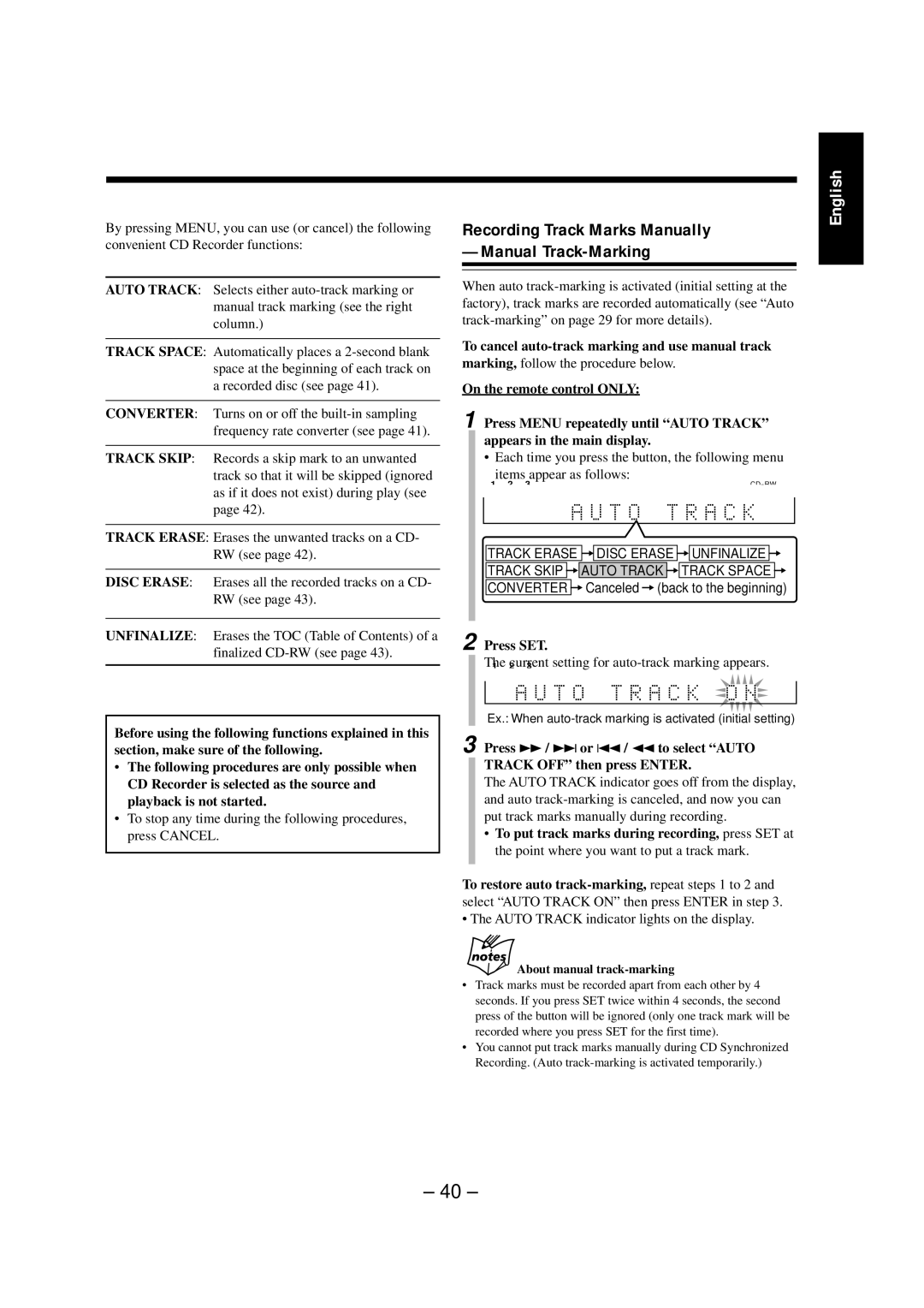 JVC NX-CDR7 manual Recording Track Marks Manually -Manual Track-Marking, Current setting for auto-track marking appears 