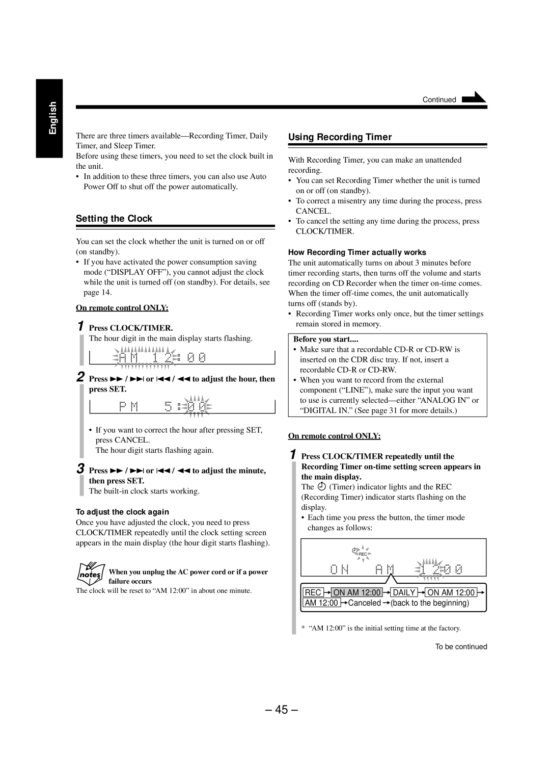 JVC NX-CDR7 manual Setting the Clock, Using Recording Timer, To adjust the clock again, How Recording Timer actually works 