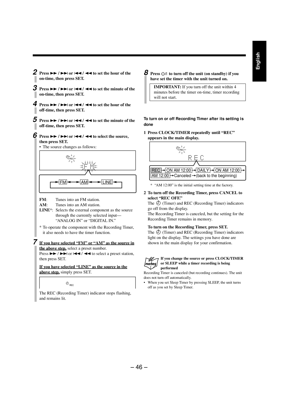 JVC NX-CDR7 manual To turn on or off Recording Timer after its setting is done, If you have selected FM or AM as the source 