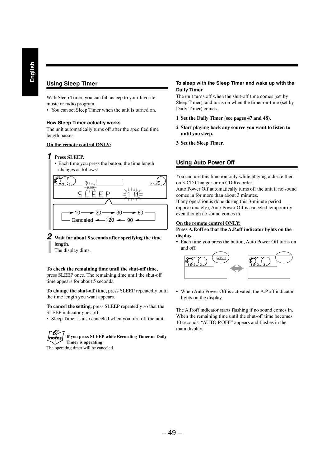 JVC NX-CDR7 manual Using Sleep Timer, Using Auto Power Off, How Sleep Timer actually works 