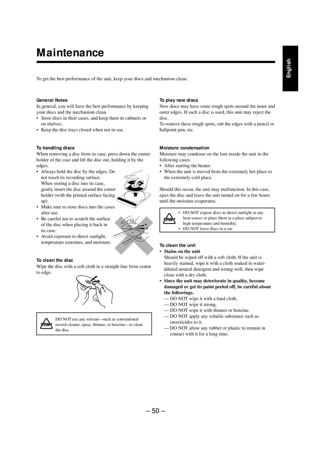 JVC NX-CDR7 manual Maintenance, General Notes To play new discs, To handling discs, To clean the disc, To clean the unit 