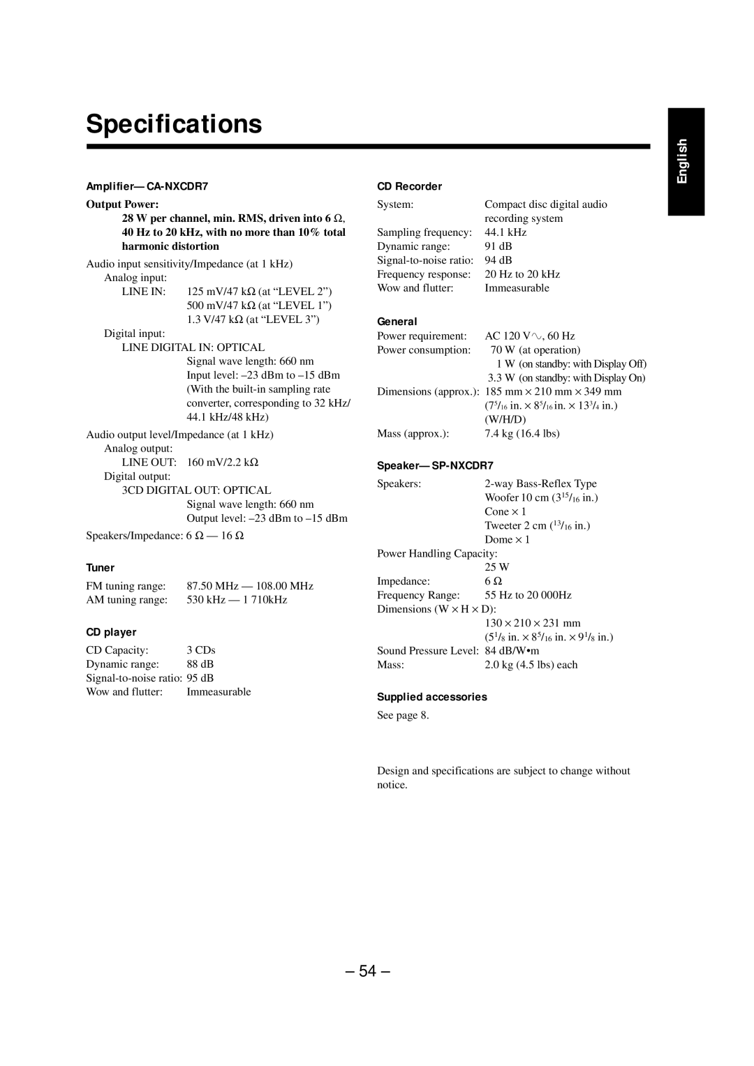 JVC NX-CDR7 manual Specifications 