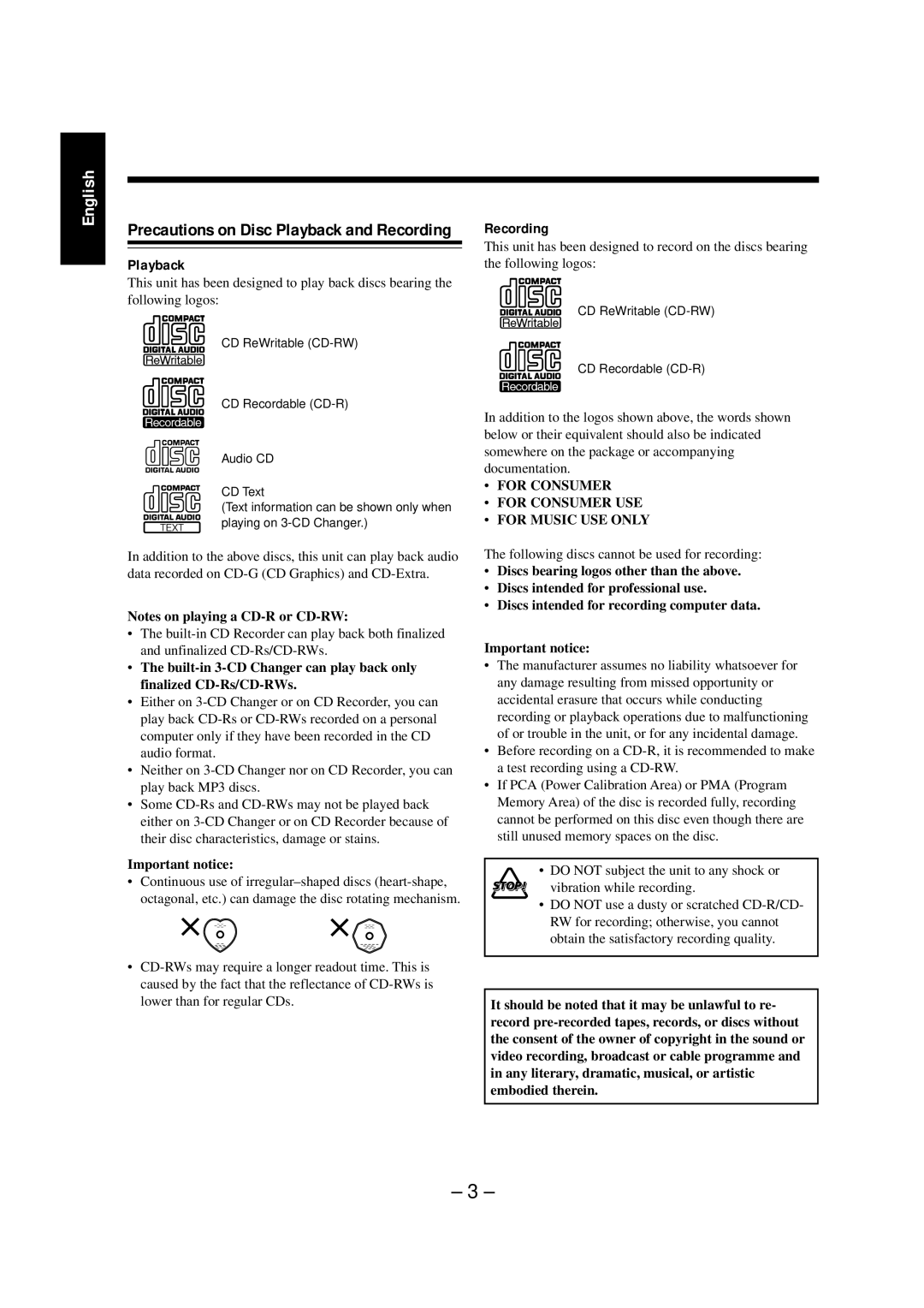 JVC NX-CDR7 Precautions on Disc Playback and Recording, Important notice, Following discs cannot be used for recording 