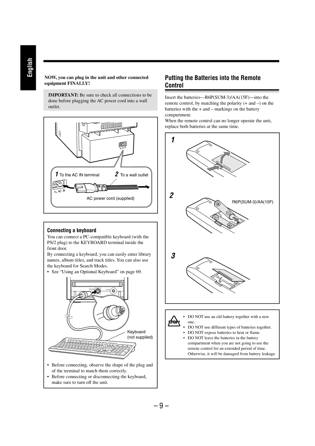 JVC NX-HD10 manual Putting the Batteries into the Remote Control, Connecting a keyboard 