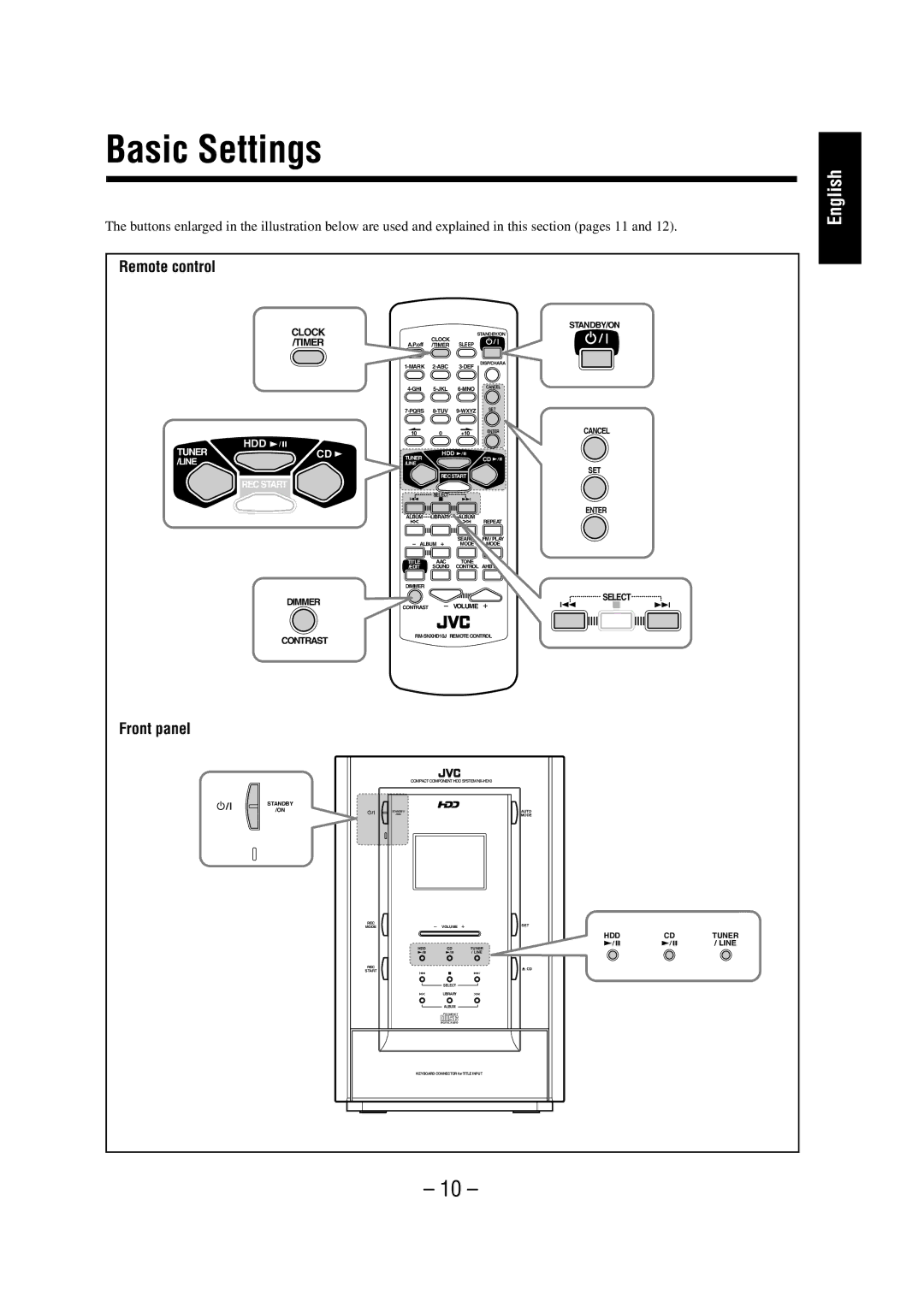 JVC NX-HD10 manual Basic Settings, Remote control, Front panel 