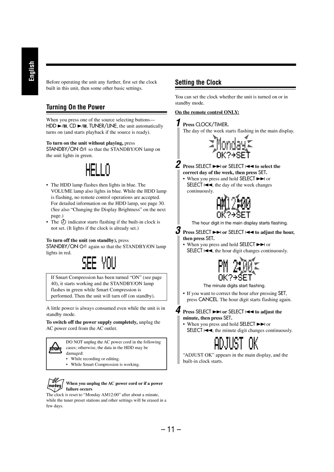 JVC NX-HD10 manual Turning On the Power, Setting the Clock 