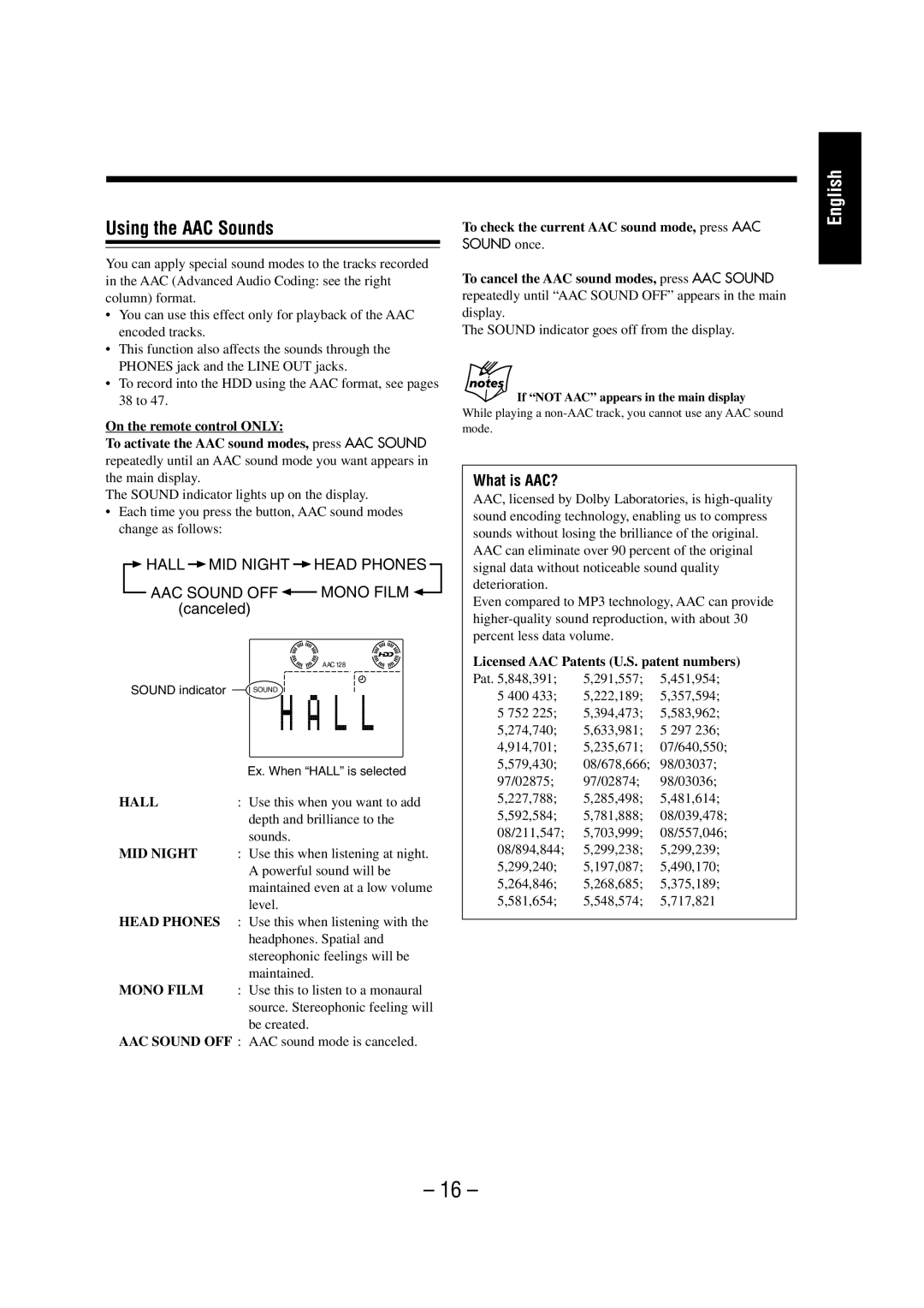 JVC NX-HD10 manual Using the AAC Sounds, Hall MID Night Head Phones, AAC Sound OFF Mono Film canceled, What is AAC? 