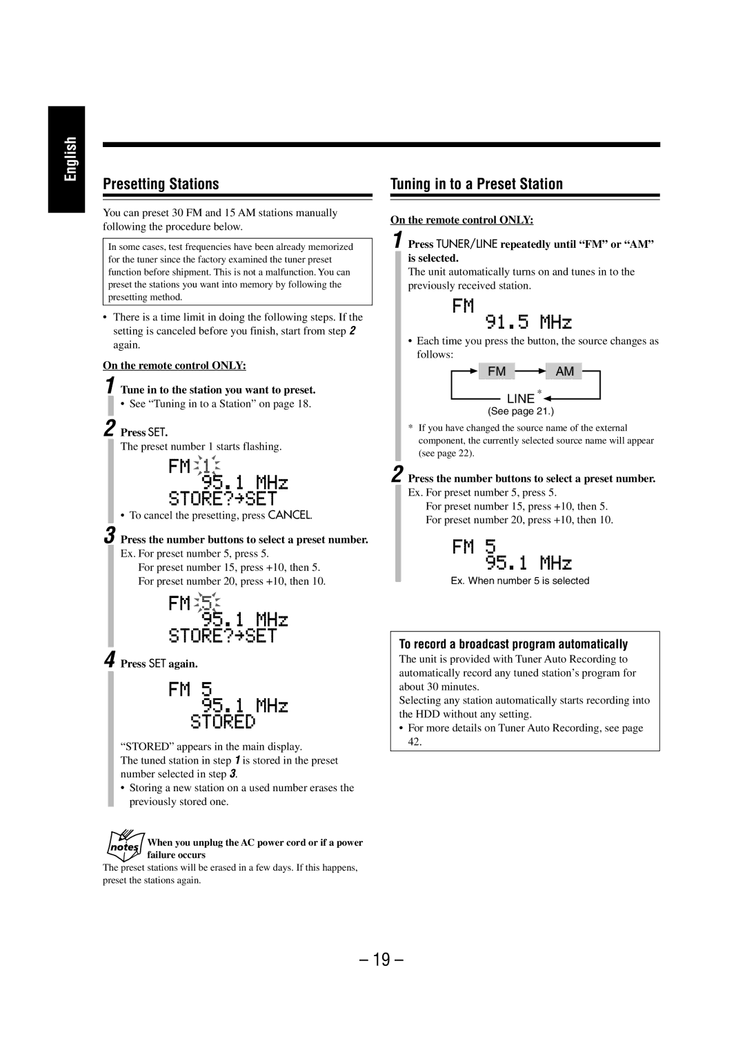 JVC NX-HD10 manual Presetting Stations, Tuning in to a Preset Station, To record a broadcast program automatically 