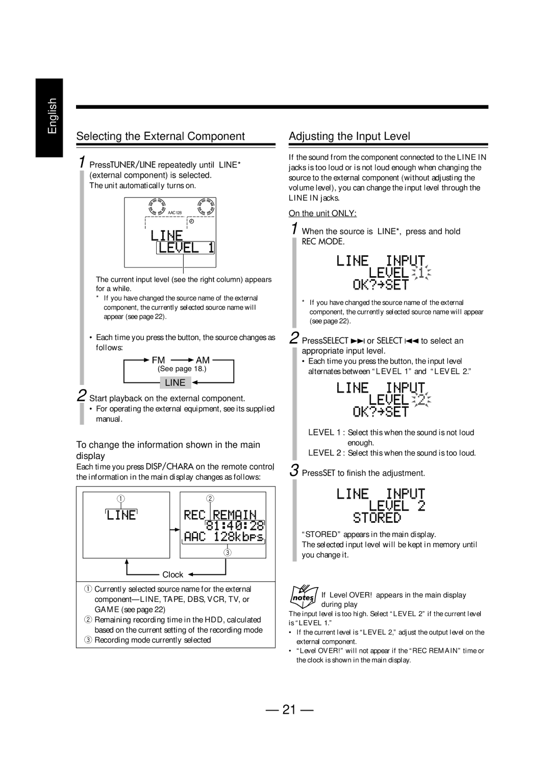 JVC NX-HD10 manual Selecting the External Component, Adjusting the Input Level, Fm Am 