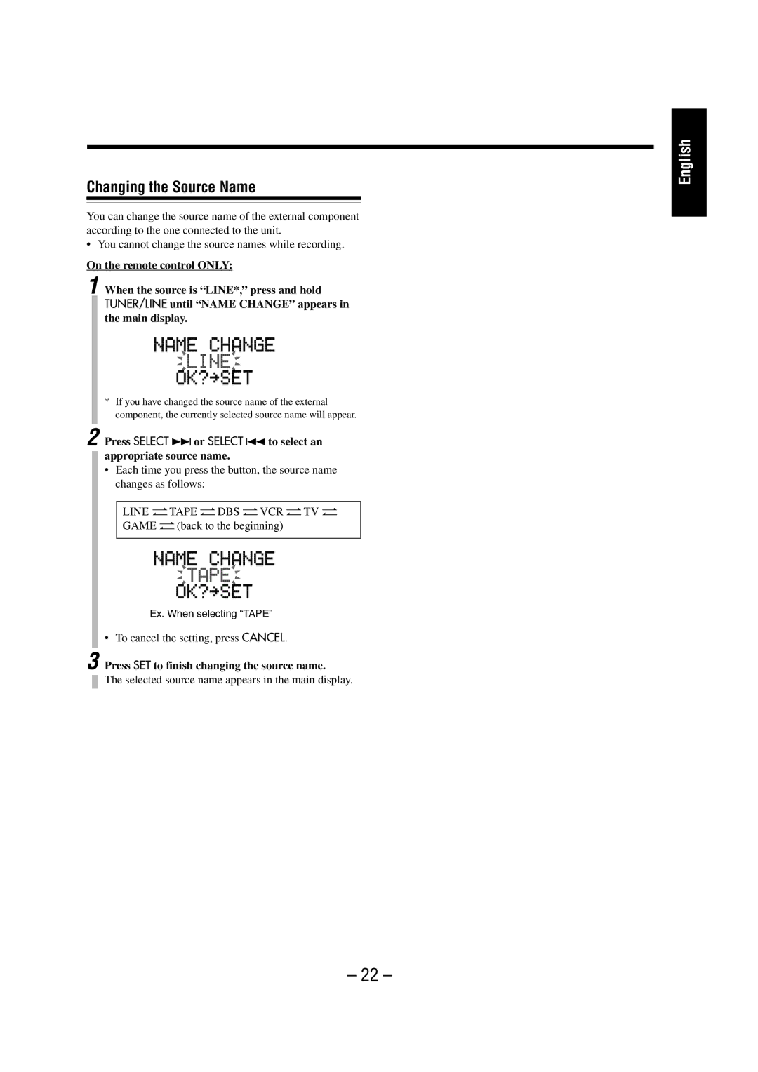 JVC NX-HD10 Changing the Source Name, To cancel the setting, press Cancel, Press SET to finish changing the source name 