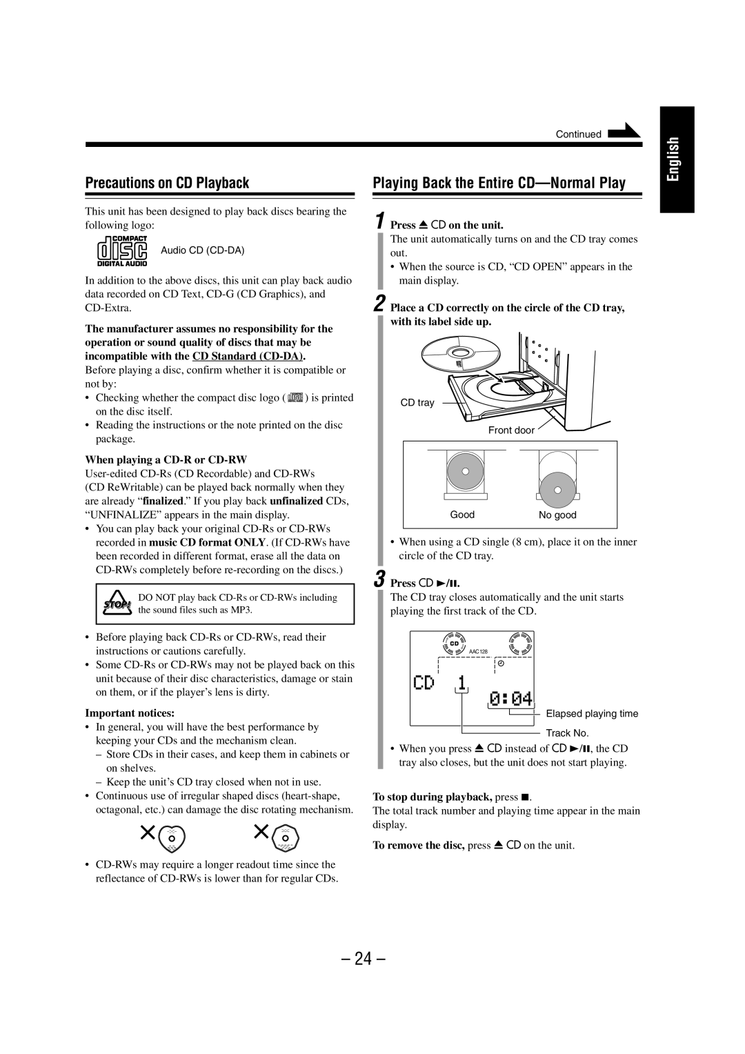 JVC NX-HD10 manual Precautions on CD Playback, Playing Back the Entire CD-Normal Play 