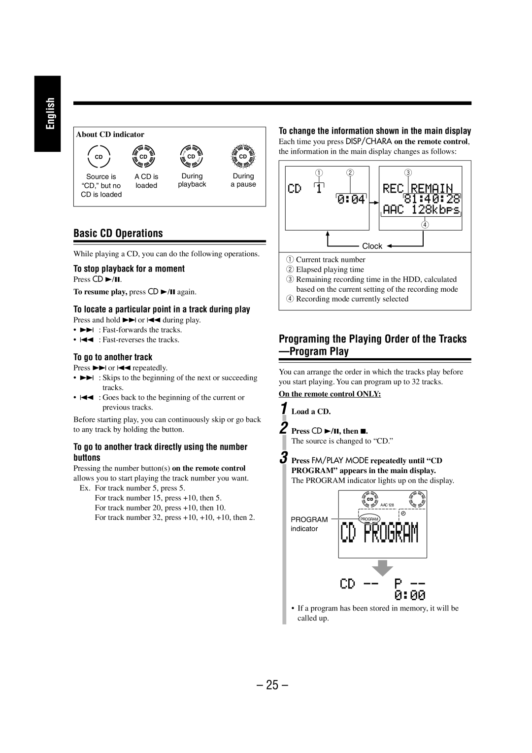 JVC NX-HD10 manual Basic CD Operations, Program Play, To stop playback for a moment, To go to another track 