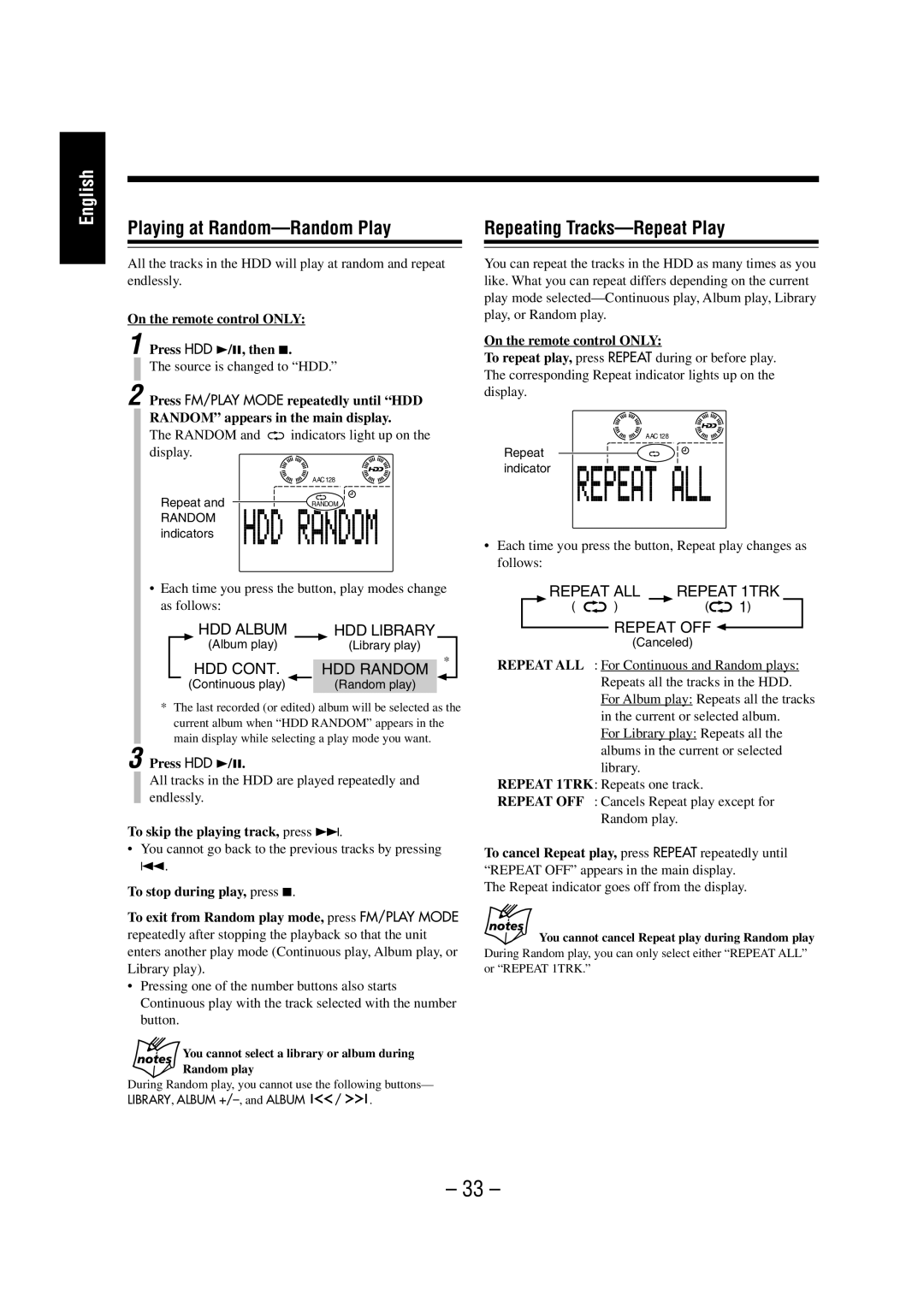 JVC NX-HD10 manual Repeating Tracks-Repeat Play, Random and indicators light up on the display 