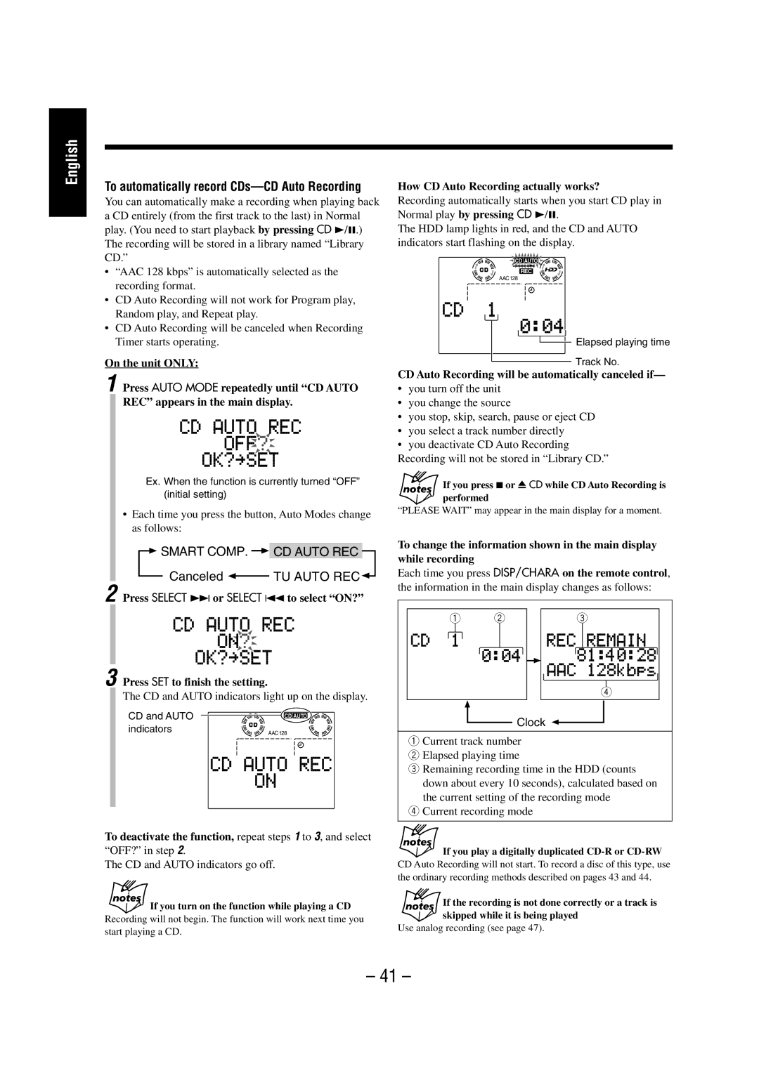 JVC NX-HD10 manual To automatically record CDs-CD Auto Recording, CD and Auto indicators light up on the display 