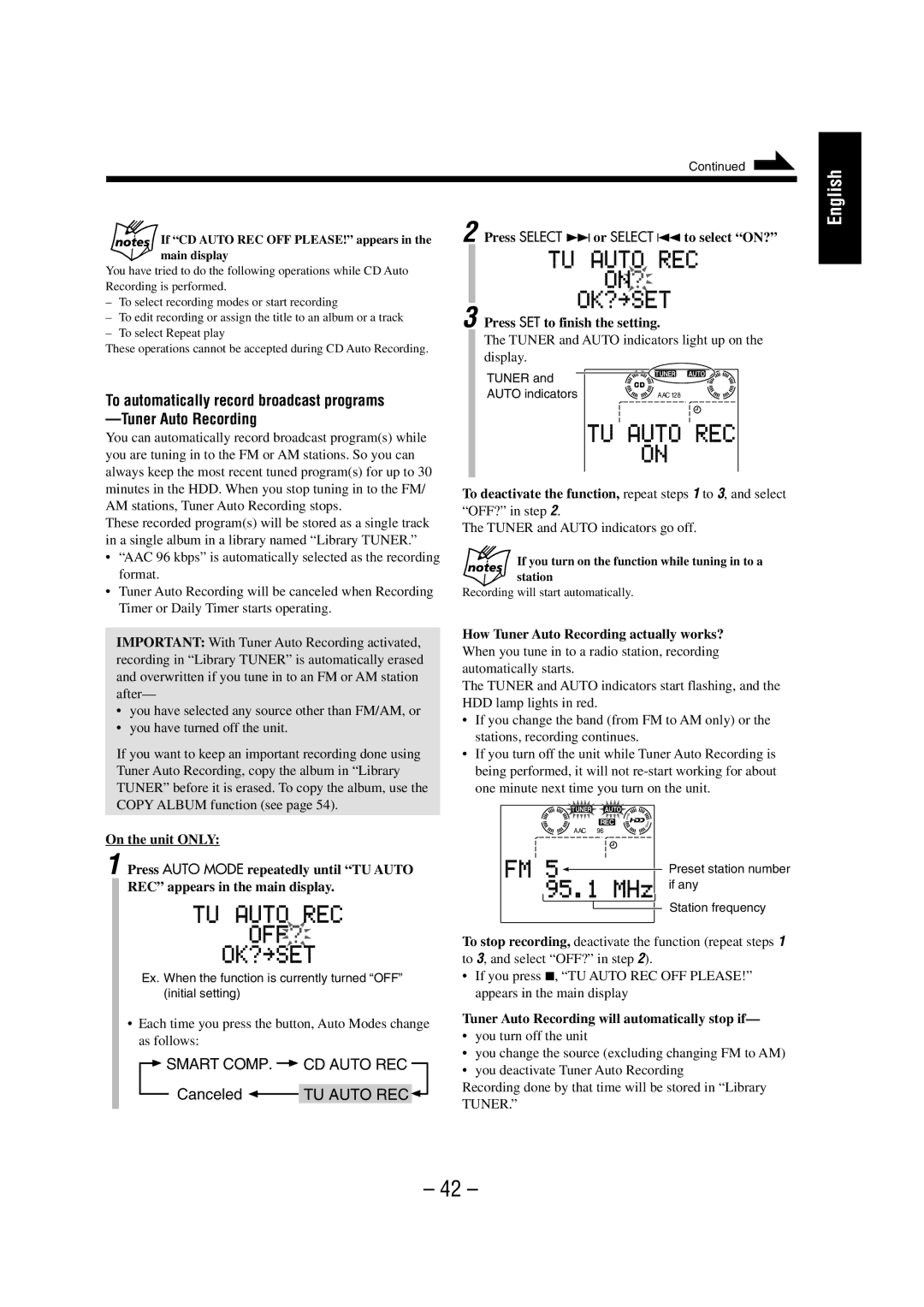 JVC NX-HD10 manual Smart Comp CD Auto REC, Canceled, TU Auto REC, How Tuner Auto Recording actually works? 