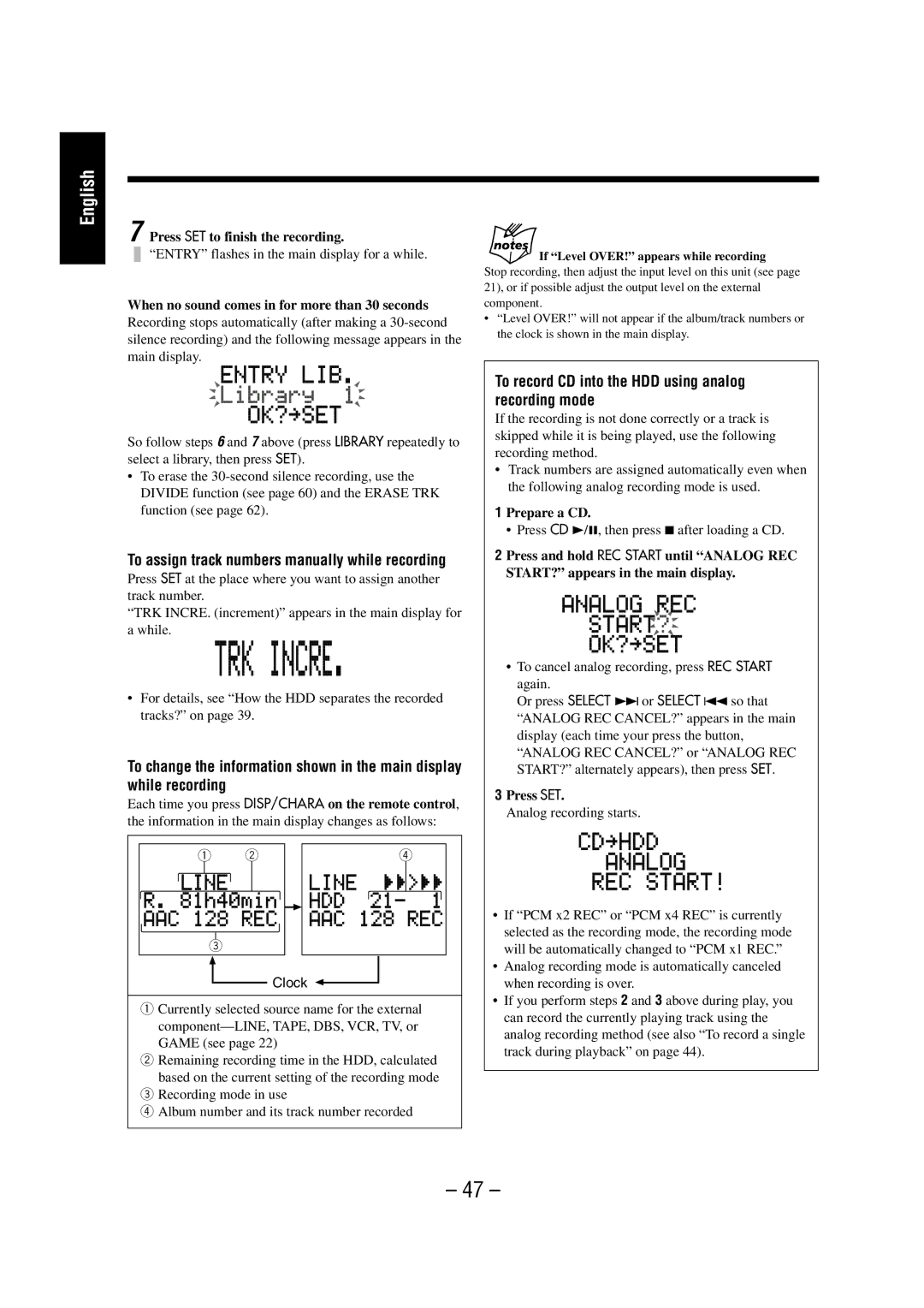 JVC NX-HD10 manual To record CD into the HDD using analog recording mode, When no sound comes in for more than 30 seconds 