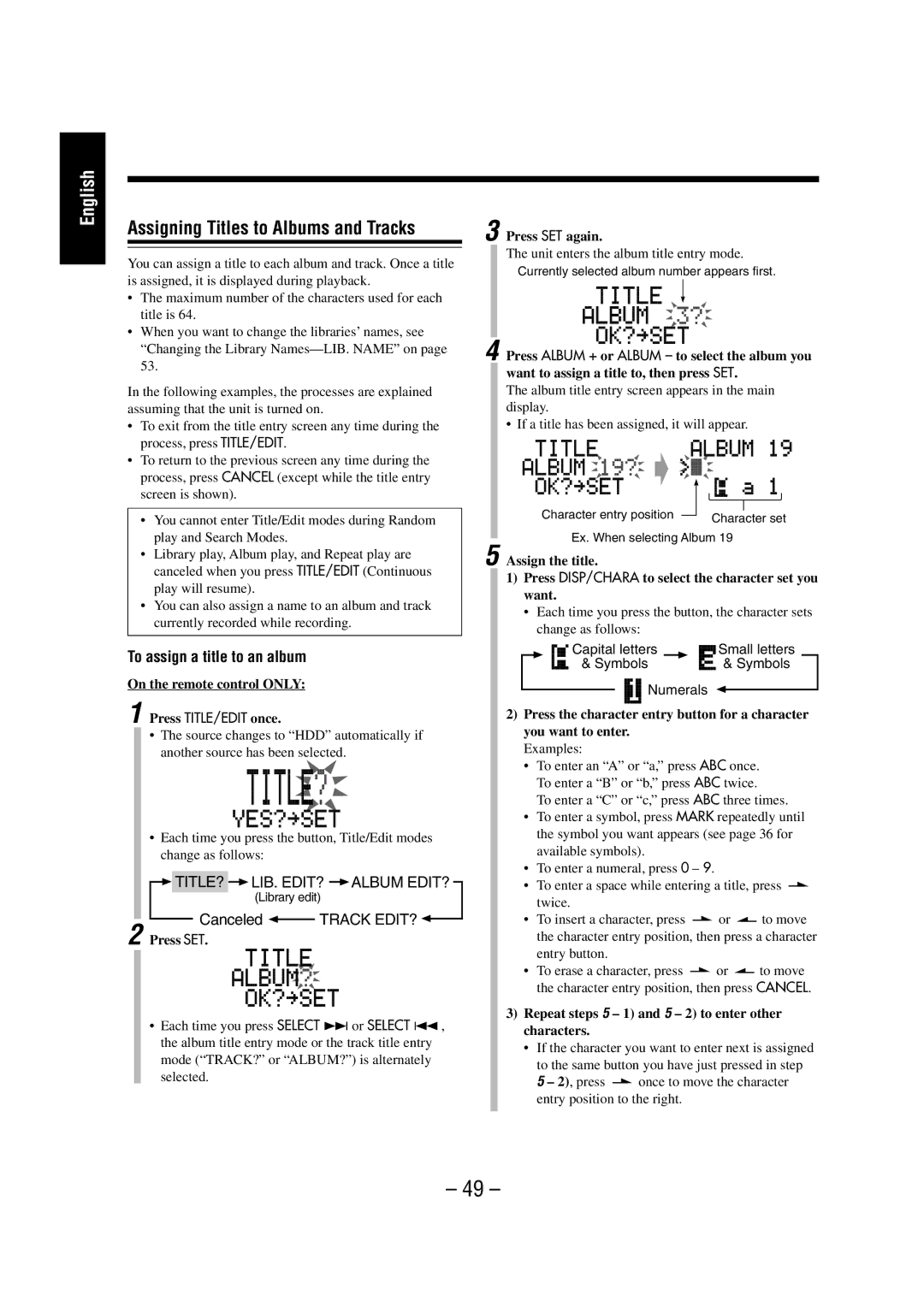 JVC NX-HD10 manual Assigning Titles to Albums and Tracks, To assign a title to an album, TITLE? LIB. EDIT? Album EDIT? 